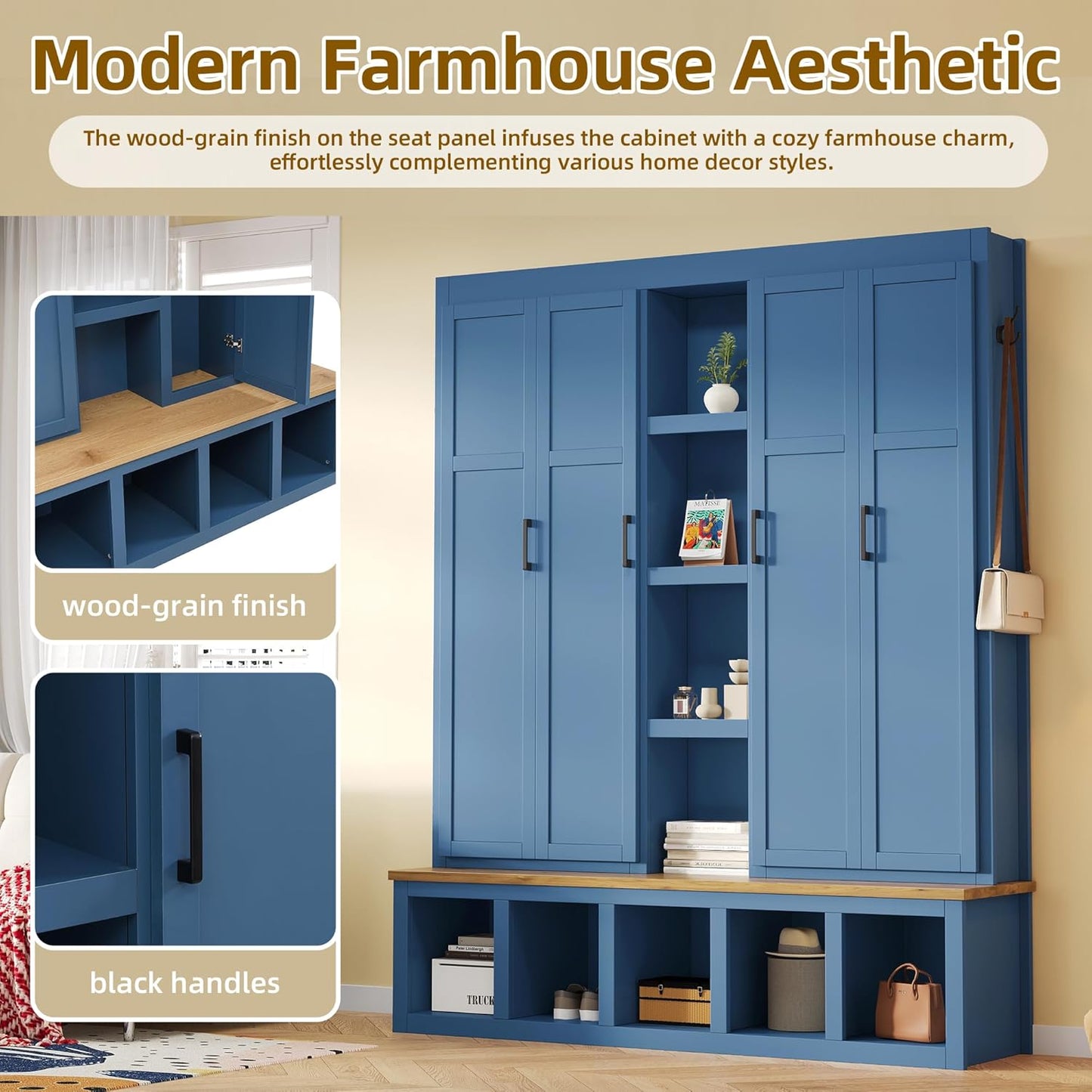 Modern Farmhouse Hall Tree with Bench, 4-In-1 Entryway Storage Cabinet & Shoe Organizer with Hooks, Blue
