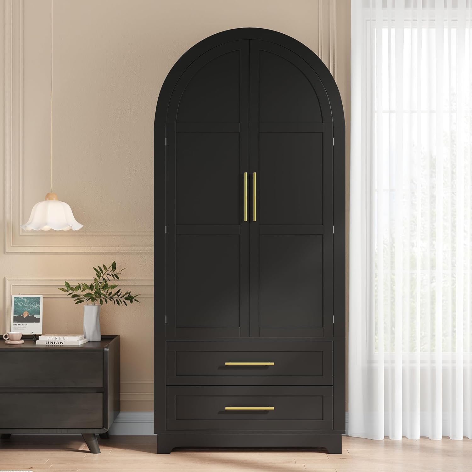 Wardrobe Closet, Modern Armoire Wardrobe Closet with Drawers and 2 Arched Fluted Doors, 70" Tall Wooden Bedroom Armoires with Shelves and Hanging Rod, Black