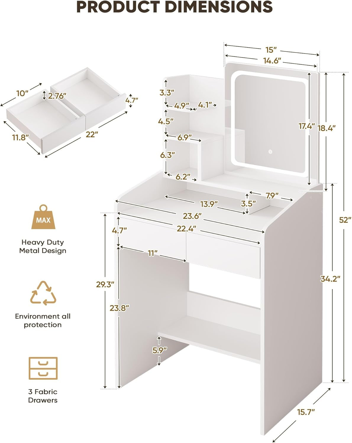 Small Makeup Vanity Desk with Lighted Mirror, White, 23.62" W X 15.74" D X 53.93" H (Smart LED Mirror, Open Shelves, 2 Drawers)