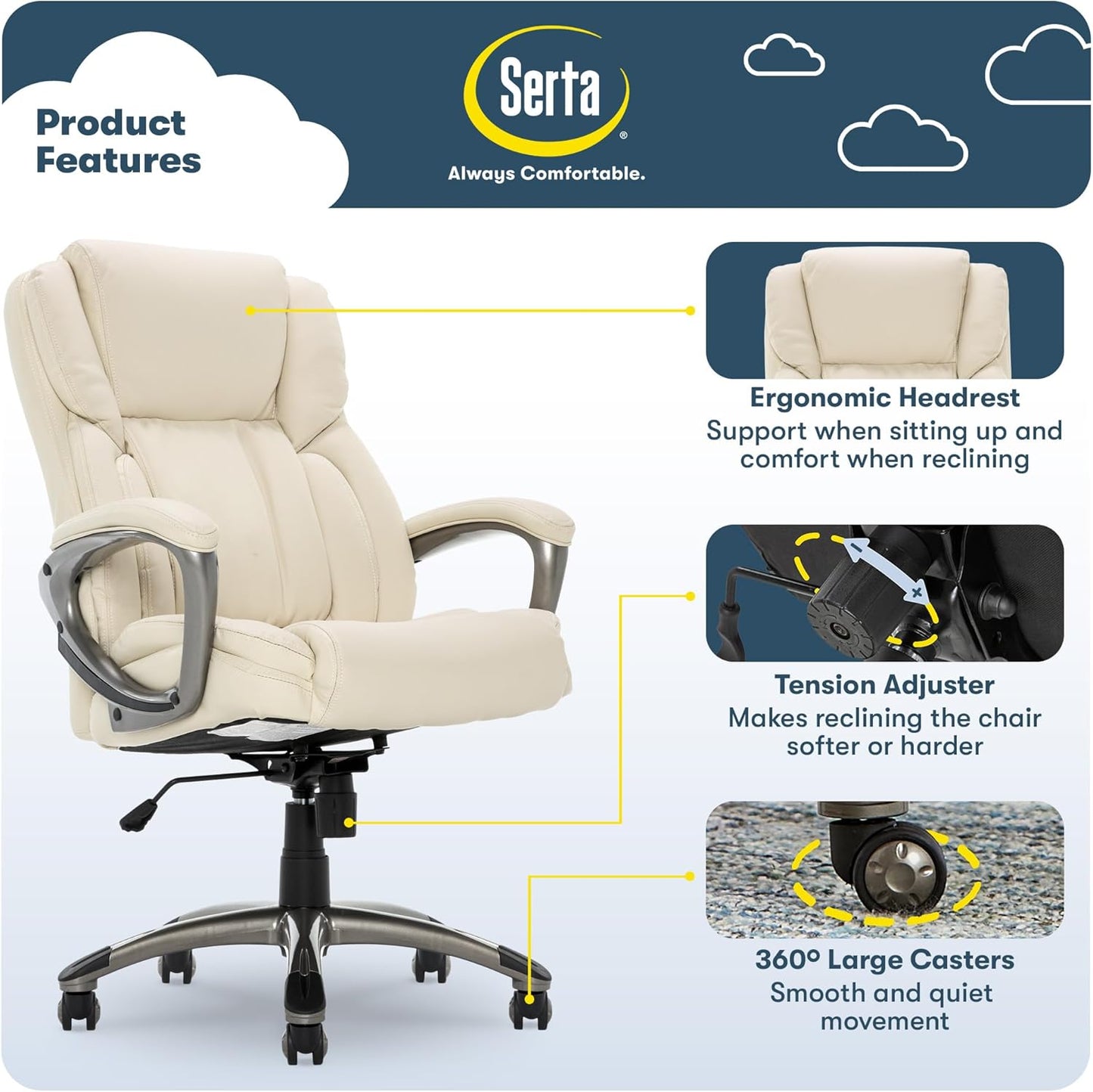Garret Executive Office Chair, Ergonomic Mid-Back with Lumbar Support, Semi-Plush Cushion and Body Pillows, Padded Armrests, Swivel Base, Bonded Leather, Ivory White