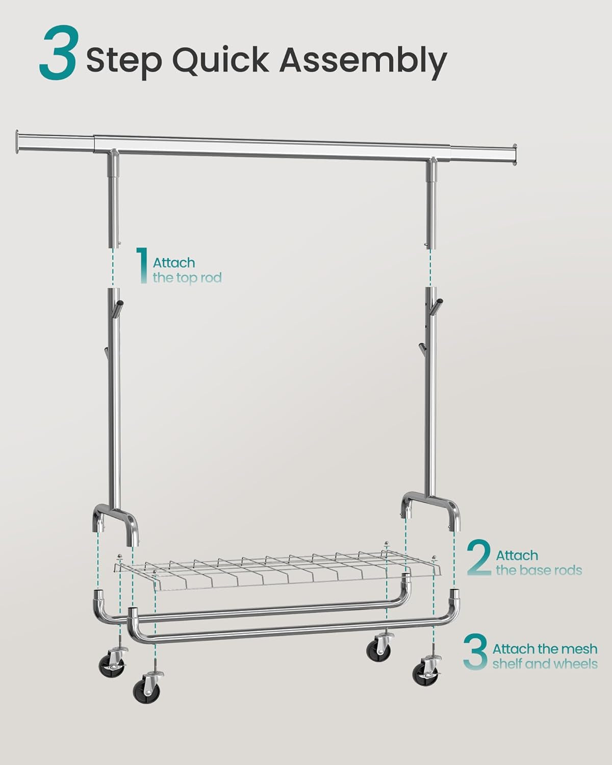 Clothes Rack, Heavy-Duty Rolling Clothing Garment Rack with Wheels, Extendable Hanging Rod and Adjustable Height, Portable, with Shelf and Hooks, Silver UHSR014E01