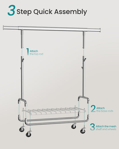 Clothes Rack, Heavy-Duty Rolling Clothing Garment Rack with Wheels, Extendable Hanging Rod and Adjustable Height, Portable, with Shelf and Hooks, Silver UHSR014E01