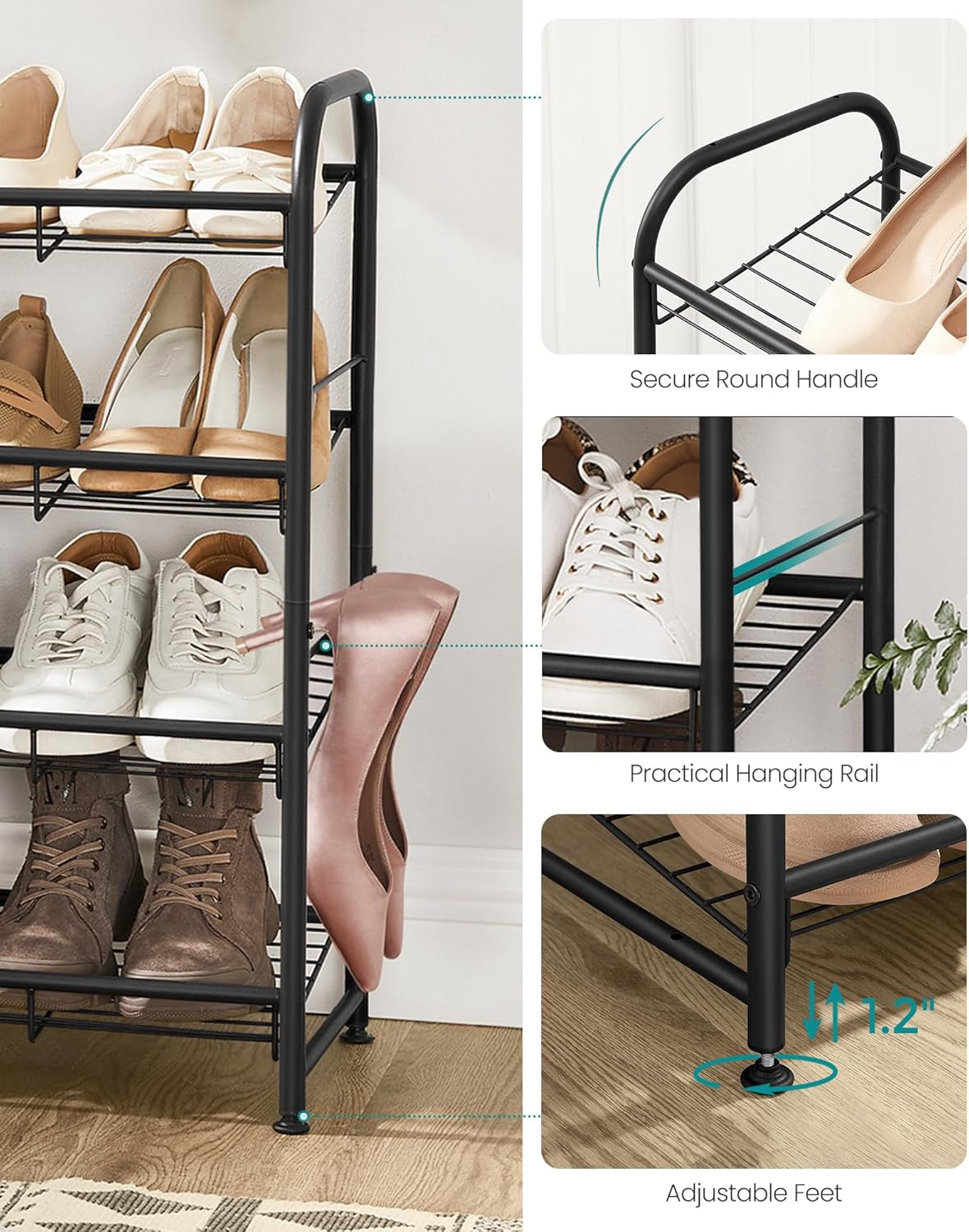 Stackable Shoe Rack, 4 Tier Metal Shoes Rack Storage Shelf, Holds up to 20 Pairs Shoes, Adjustable Slanted Shelves Shoe Tower Organizer for Closet Entryway Small Spaces, Black