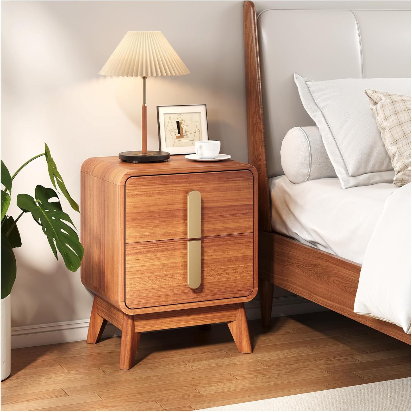 Nightstands Set of 2,Mid Century Modern Side Table with 2 Drawers & Solid Wood Legs,Curved Corner Bedside Table for Small Space,Bedroom,Cherry