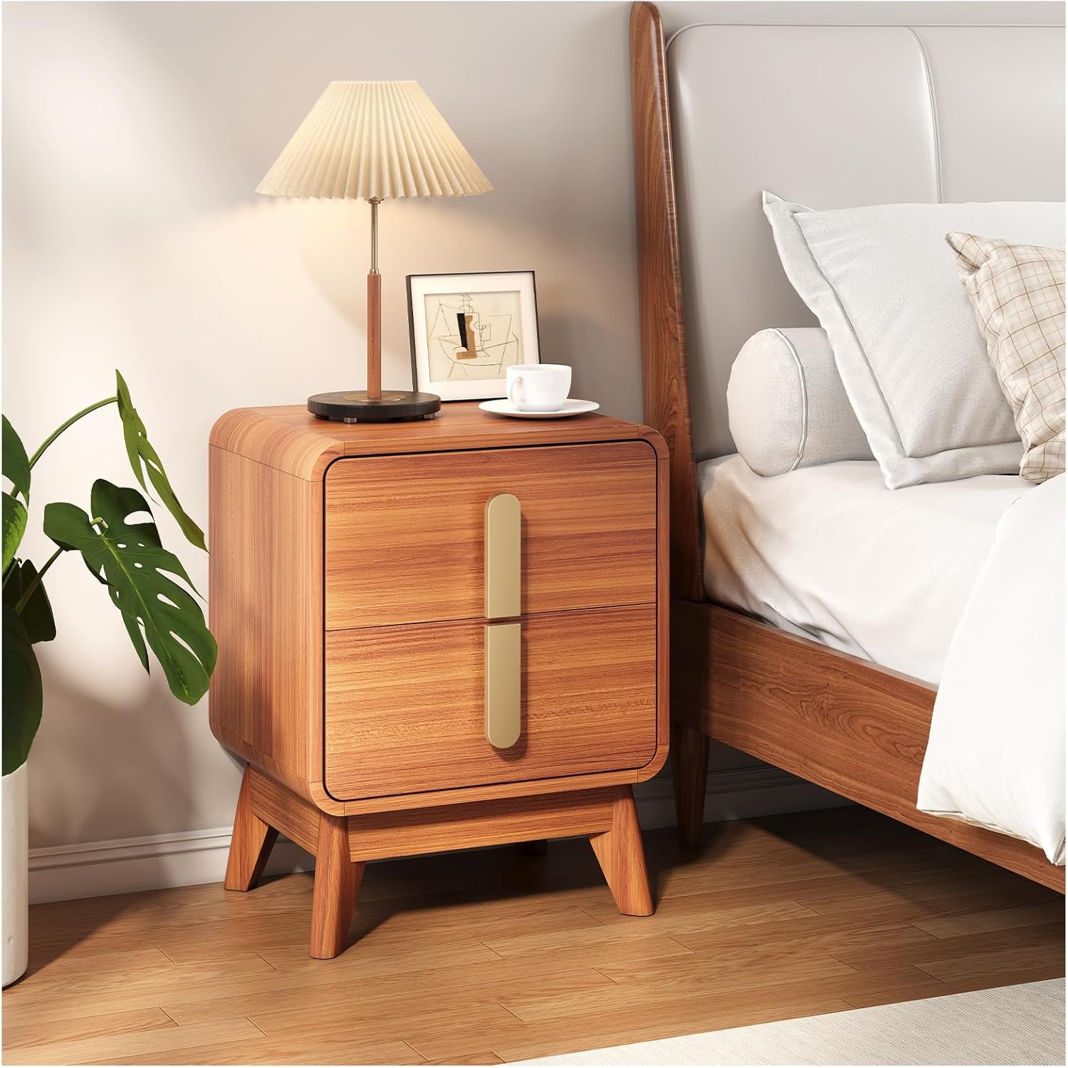 Nightstands Set of 2,Mid Century Modern Side Table with 2 Drawers & Solid Wood Legs,Curved Corner Bedside Table for Small Space,Bedroom,Cherry