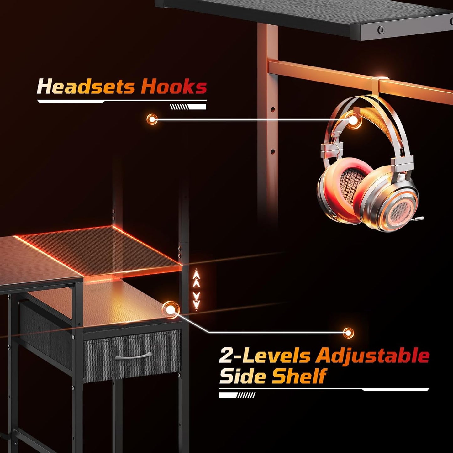 44 Inch Gaming Desk for Small Spaces, Reversible Computer Desk with Drawers & Shelves, Modern Gamer Desk Table with Side Bag & Headphone Hook for Home Office, Black