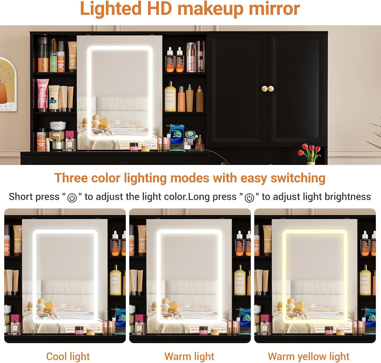 58.6" Large Vanity Desk with Sliding Mirror & Lights, Black Makeup Vanity Table & Nightstand Combo with Power Outlet and 6 Drawers 15 Shelves with Light Strips for Bedroom Dressing Room