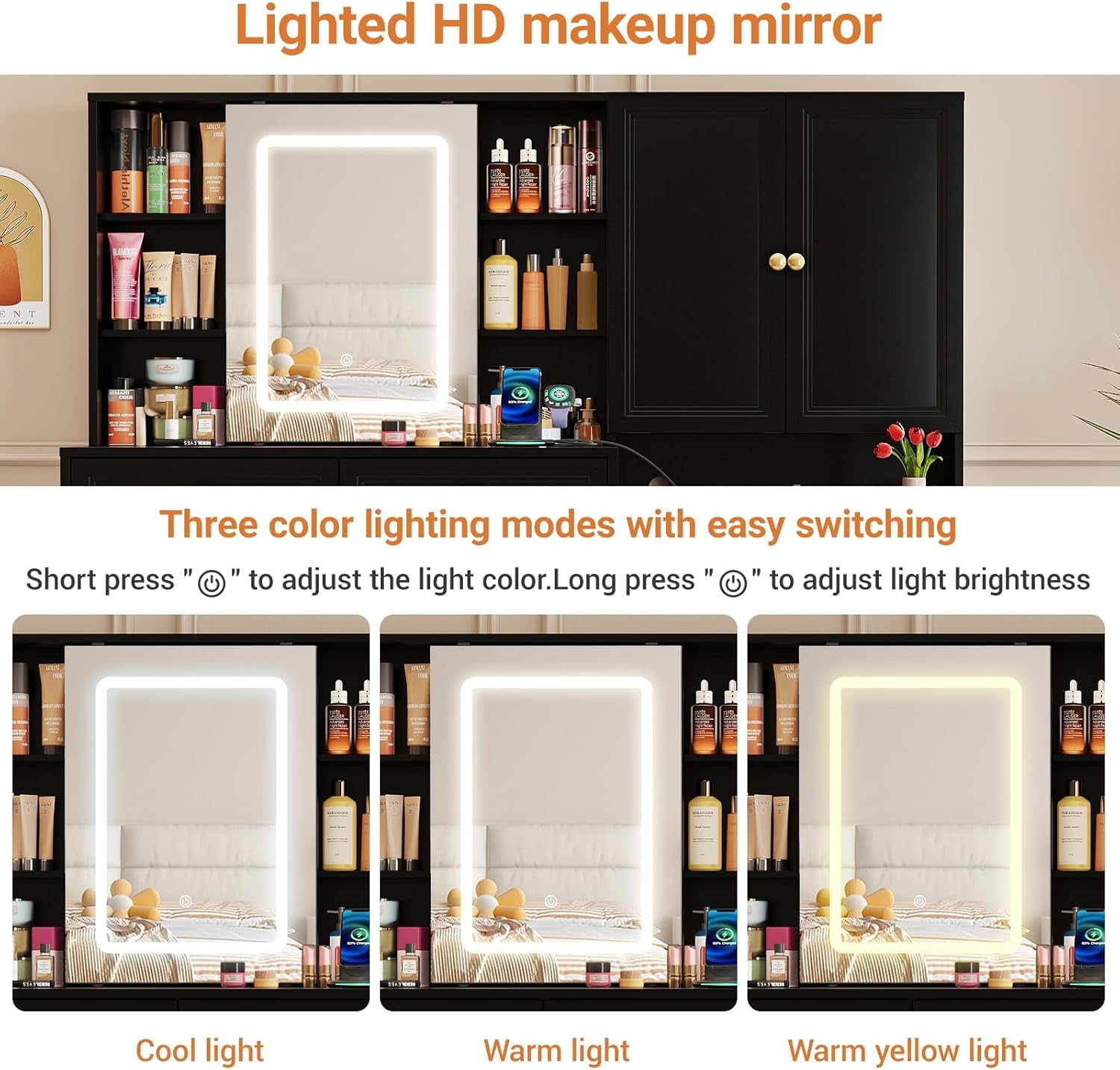 58.6" Large Vanity Desk with Sliding Mirror & Lights, Black Makeup Vanity Table & Nightstand Combo with Power Outlet and 6 Drawers 15 Shelves with Light Strips for Bedroom Dressing Room