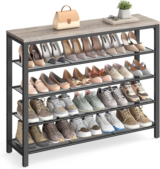 INDESTIC Shoe Rack, Organizer for Closet with 4 Mesh Shelves and Large Top for Bags, Entryway Hallway Shelf, Steel Frame, Industrial, Greige and Black ULBS015B02, 11.8 X 39.4 X 36.4 Inches