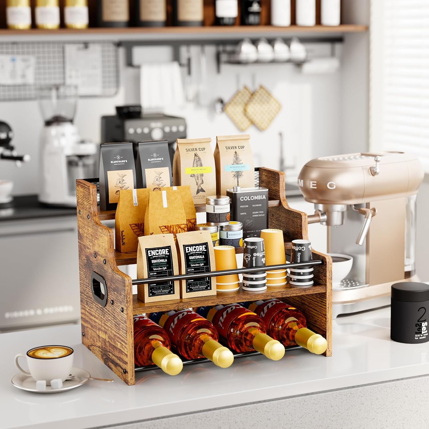 4-Tier Wood Display Shelf, Black Modern Bottle Organizer, Countertop Bar Stand for Liquor, Coffee Syrup, (Brown)