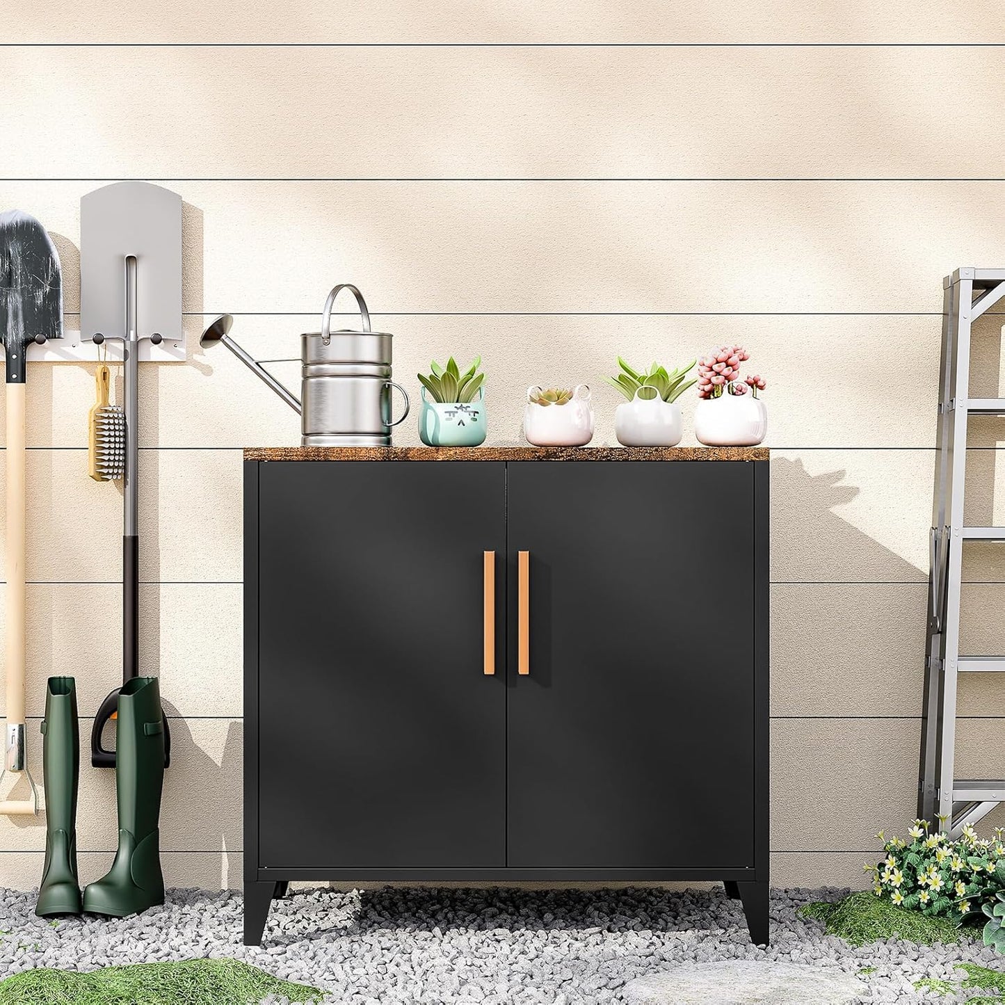 30" H Outdoor Storage Cabinet, Sideboard Buffet Cabinet, 2 Doors, Metal, Adjustable Shelf, Kitchen,Coffee Bar, Garden, Entryway, Table Cupboard,16" Dx 32" Wx30 H Black