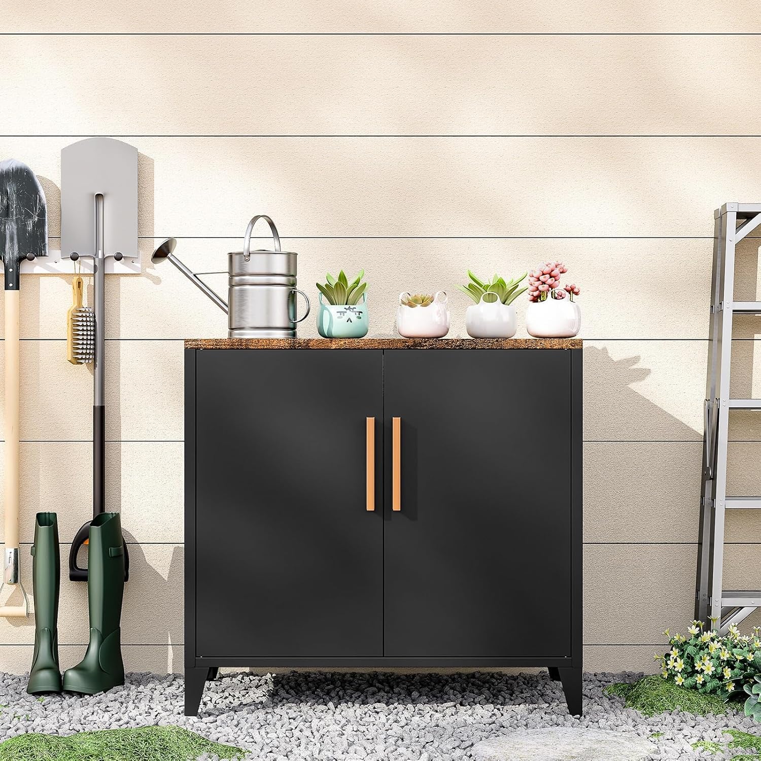 30" H Outdoor Storage Cabinet, Sideboard Buffet Cabinet, 2 Doors, Metal, Adjustable Shelf, Kitchen,Coffee Bar, Garden, Entryway, Table Cupboard,16" Dx 32" Wx30 H Black
