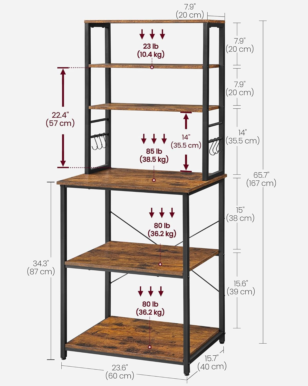 Coffee Bar, Baker’S Rack for Kitchen with Storage, 6-Tier Kitchen Shelves with 6 Hooks, Microwave Stand, Industrial, 15.7 X 23.6 X 65.7 Inches, Greige and Black UKKS024B02
