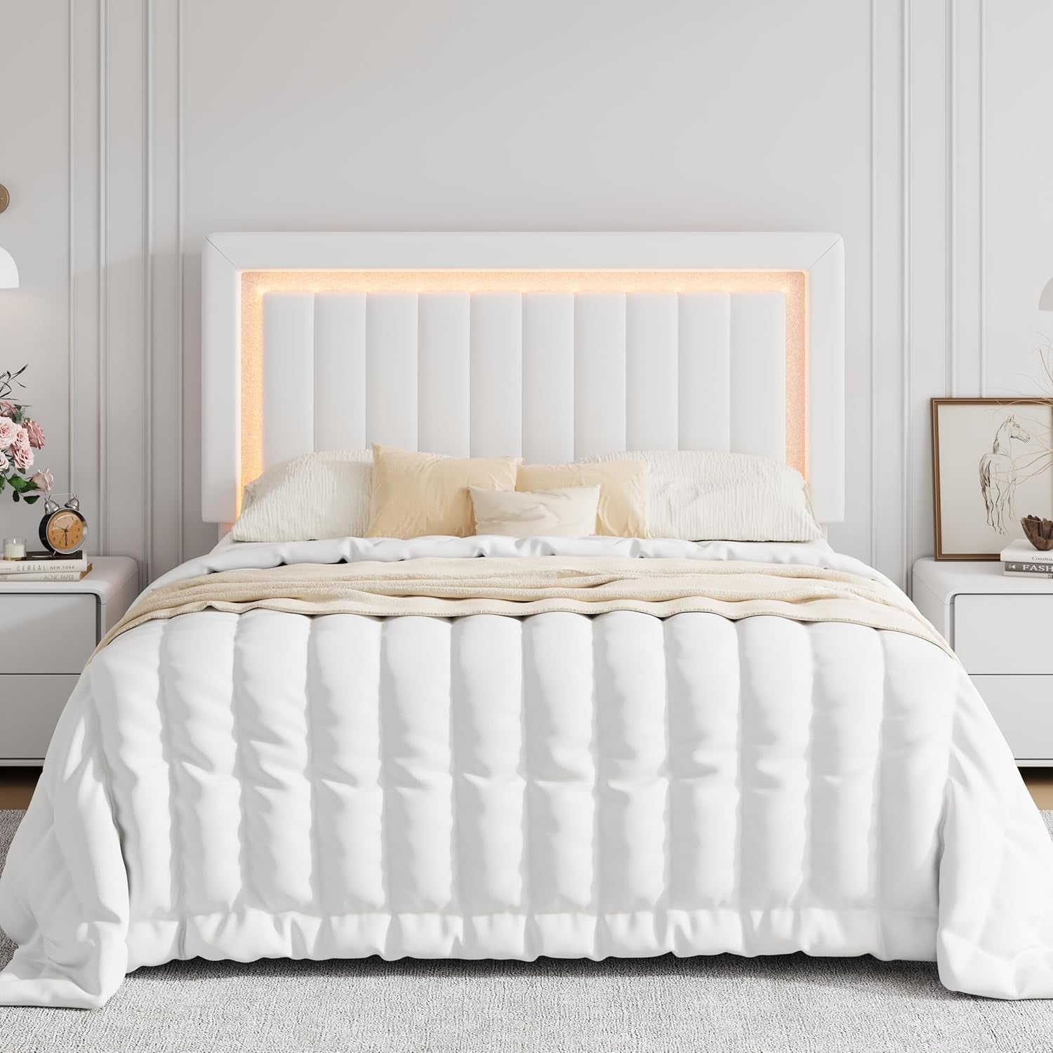 Full Size Velvet Bed Frame with LED Light, Adjustable Vertical Channel Tufted Headboard, Strong Wooden Slats Support, Noise-Free, No Box Spring Needed, White