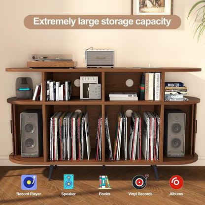 Solid Wood Large Circular Record Player Stand, Vinyl Record Storage Cabinet, Record Player Stand with Power Strip and USB Port, Suitable for Bedroom and Living Room (Walnut, Large)