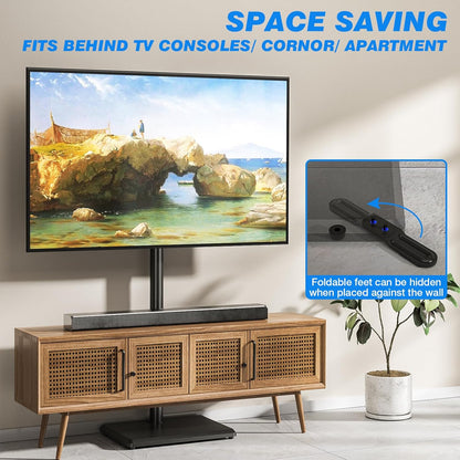 Swivel Floor TV Stand with Power Outlet for 32-60 Inch Tvs, Height Adjustable Tall TV Stand with Wood Base, Hold up to 88Lbs, Saving Space Design for Bedroom, Living Room and Corner
