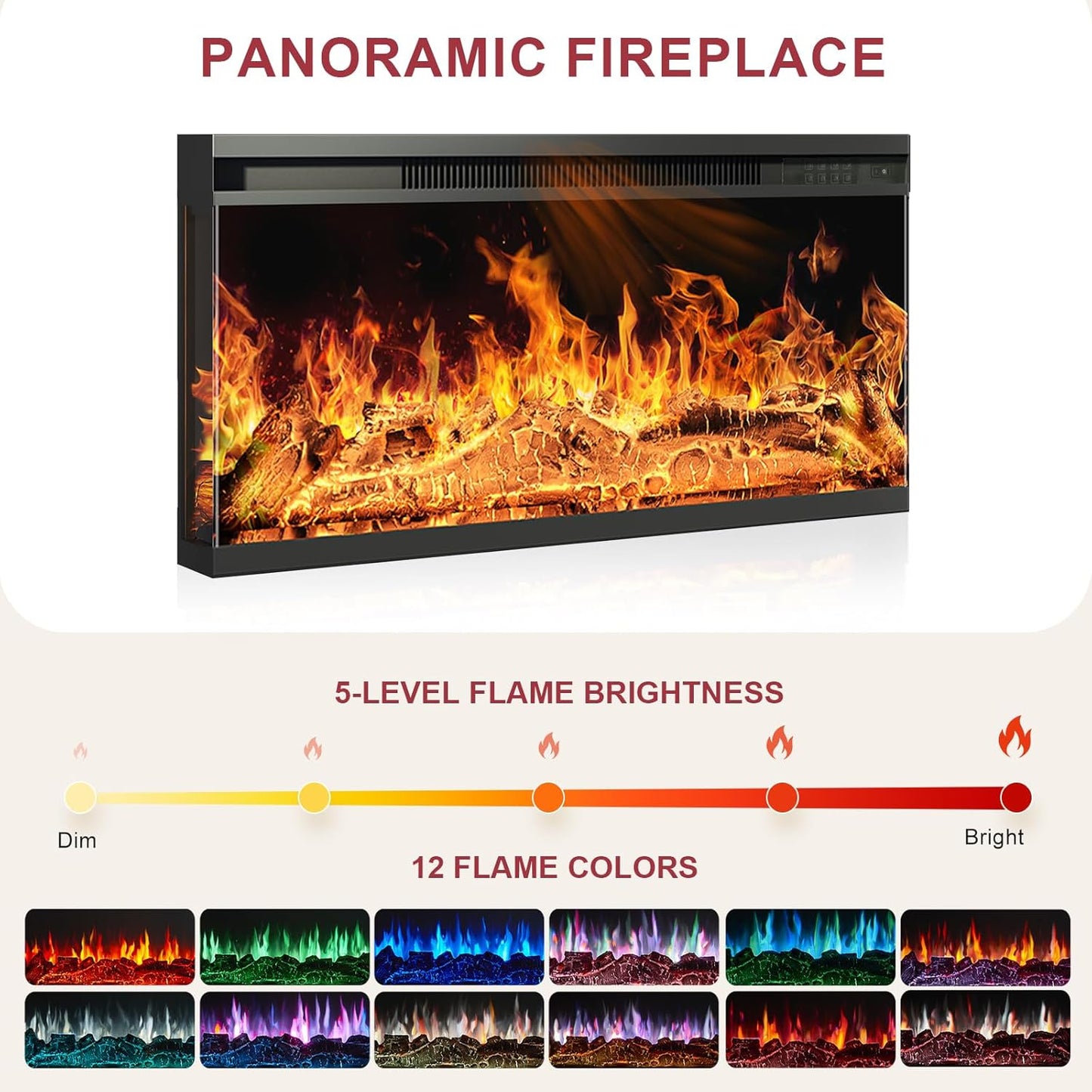 70" Fireplace TV Stand with 3-Sided Glass Fireplace, Modern Wood Entertainment Center with LED Lights and Glass Door, 36" Fire Place TV Stands for Living Room, White