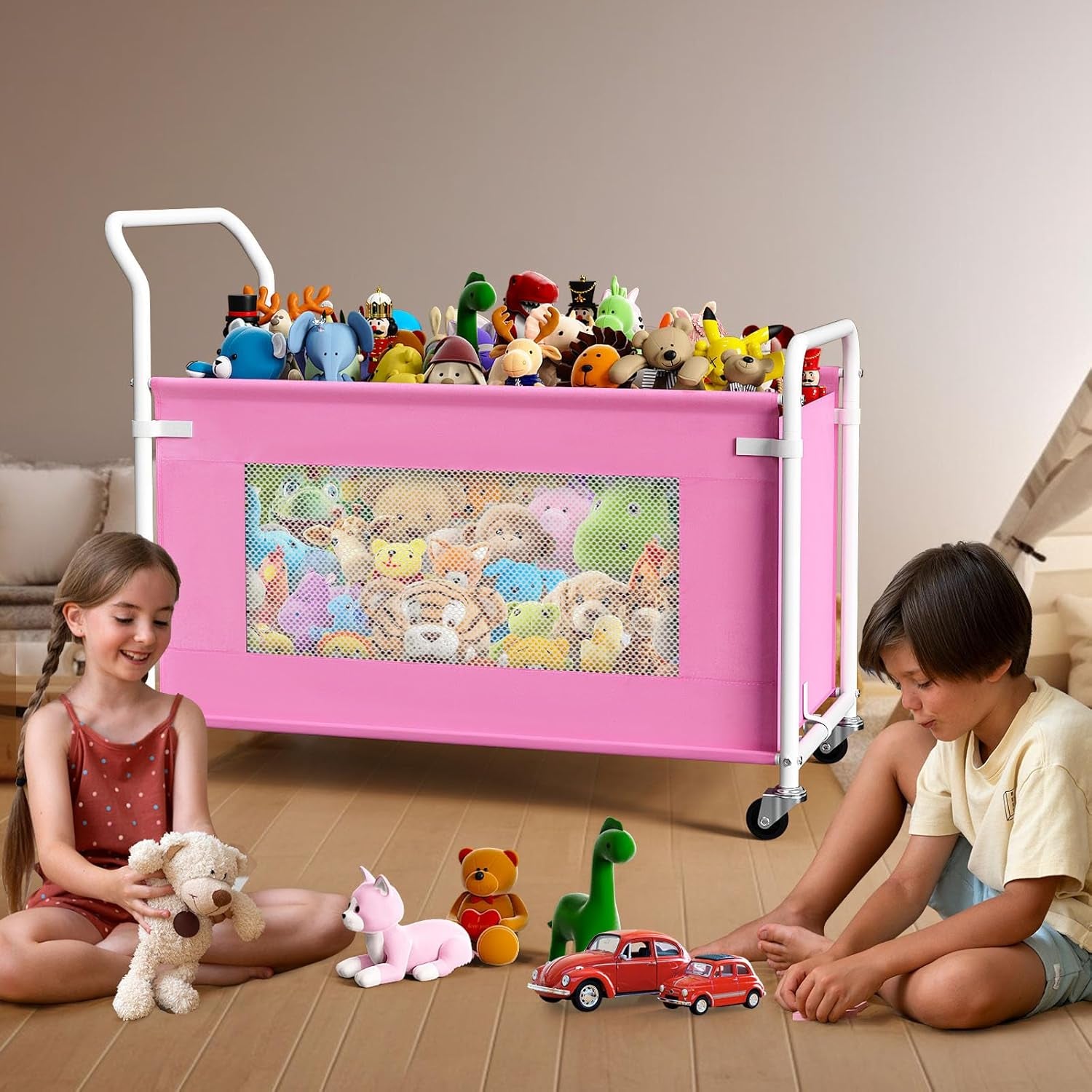 Extra Large Toy Box for Kids with 360° Rotating Wheels, Heavy Duty Toy Chest for Boys and Girls, Toy Storage Organizer for Kids, Toy Bins for Living Room, Nursery, Bedroom (Pink)