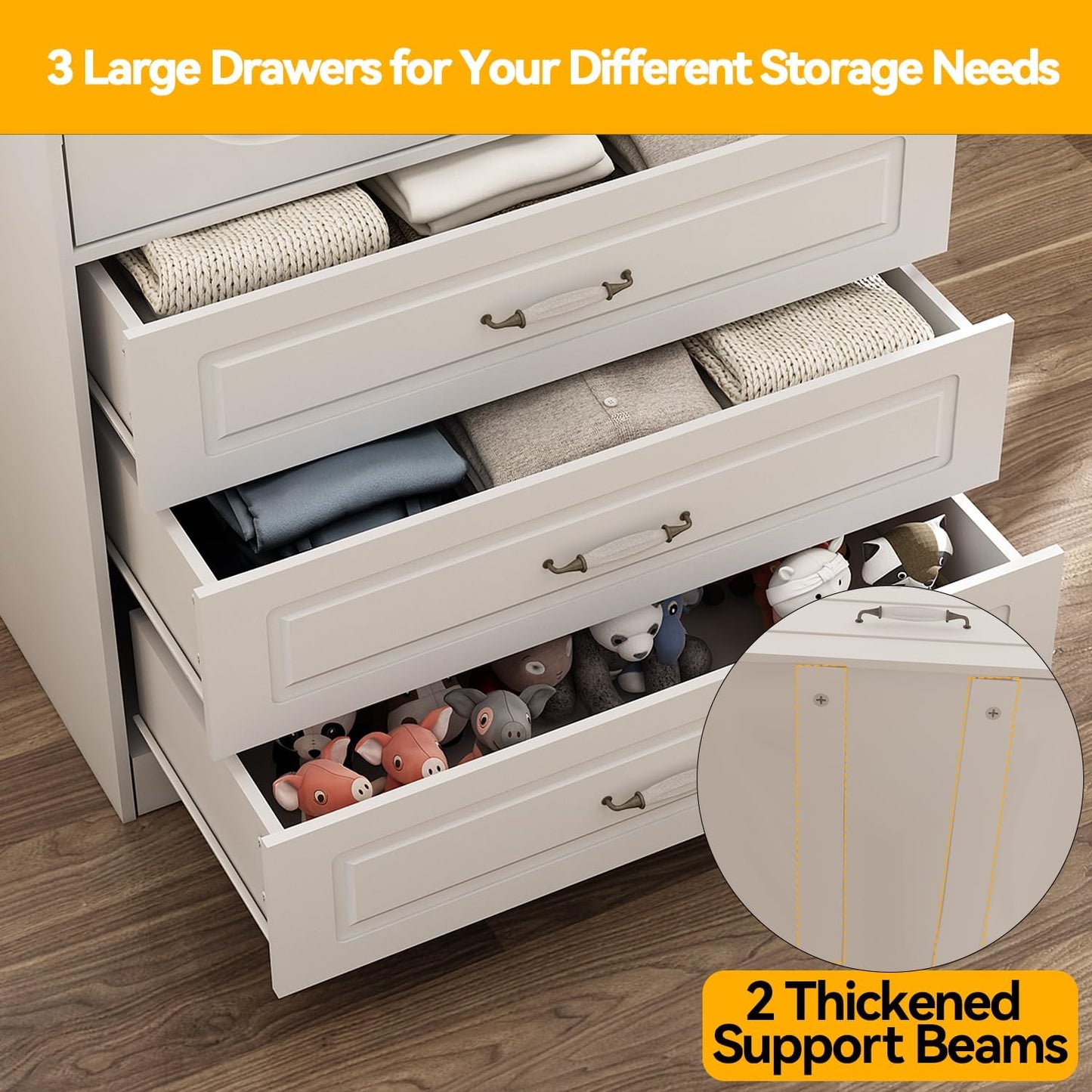 Armoire Wardrobe Closet with 3 Drawers and LED Light 72" Wooden Bedroom Armoire with 2 Doors and Retro Ceramic Door Handles Modern Wardrobe Cabinet with Removable Hanging Rod White