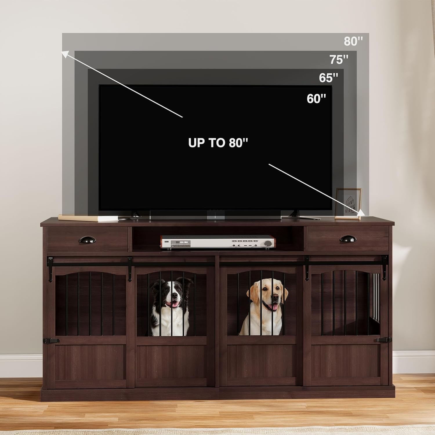 70.86" Double Dog Crate Furniture with Storage for 2 Medium Large Dogs Farmhouse Wooden Dog Kennel Furniture with 2 Sliding Doors Divider & Power Outlets Decorative Dog Cage TV Stand Brown