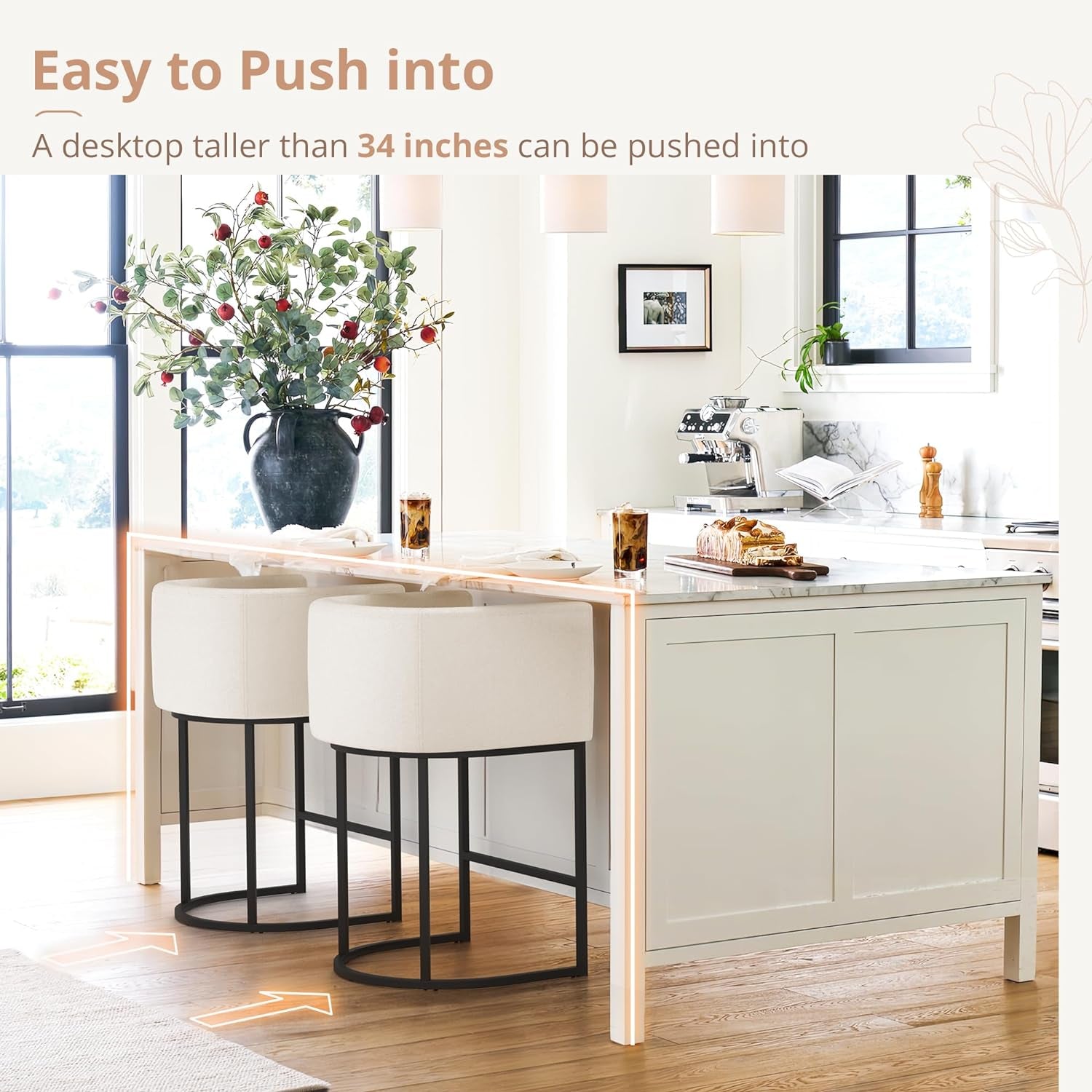 27" H Counter Height Bar Stools Set of 2, Modern Barrel Counter Stools with Backrest and Arms, Black Metal Frames, Linen Fabric Upholstered Accent Barstools for Kitchen Island, Beige