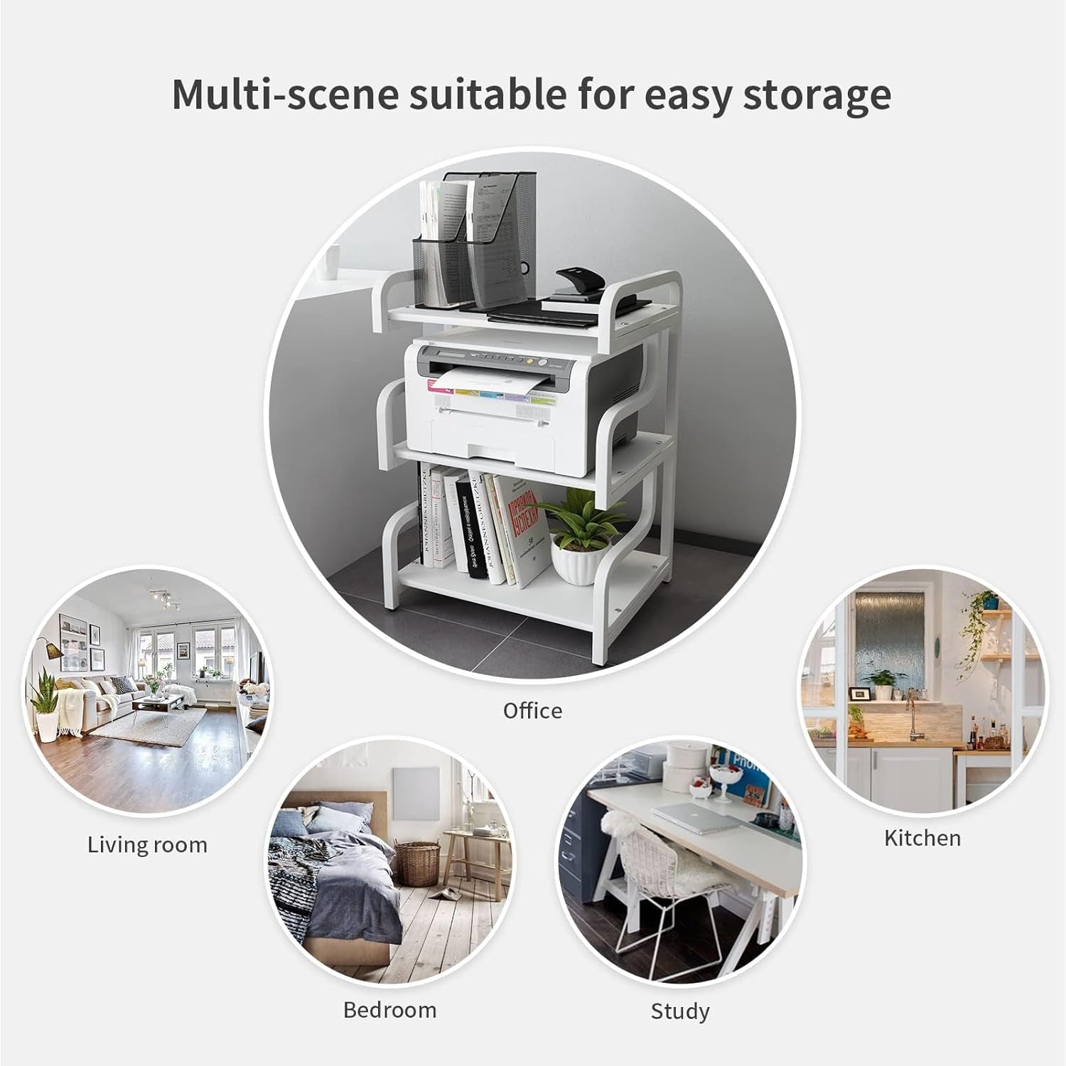 3-Tier Printer Stand with Wheels Movable Storage Cart Floor-Standing Multi-Purpose Shelf Rack for Media Player Scanner Files Books Microwave Oven in Kitchen Living Room Home Office (White)