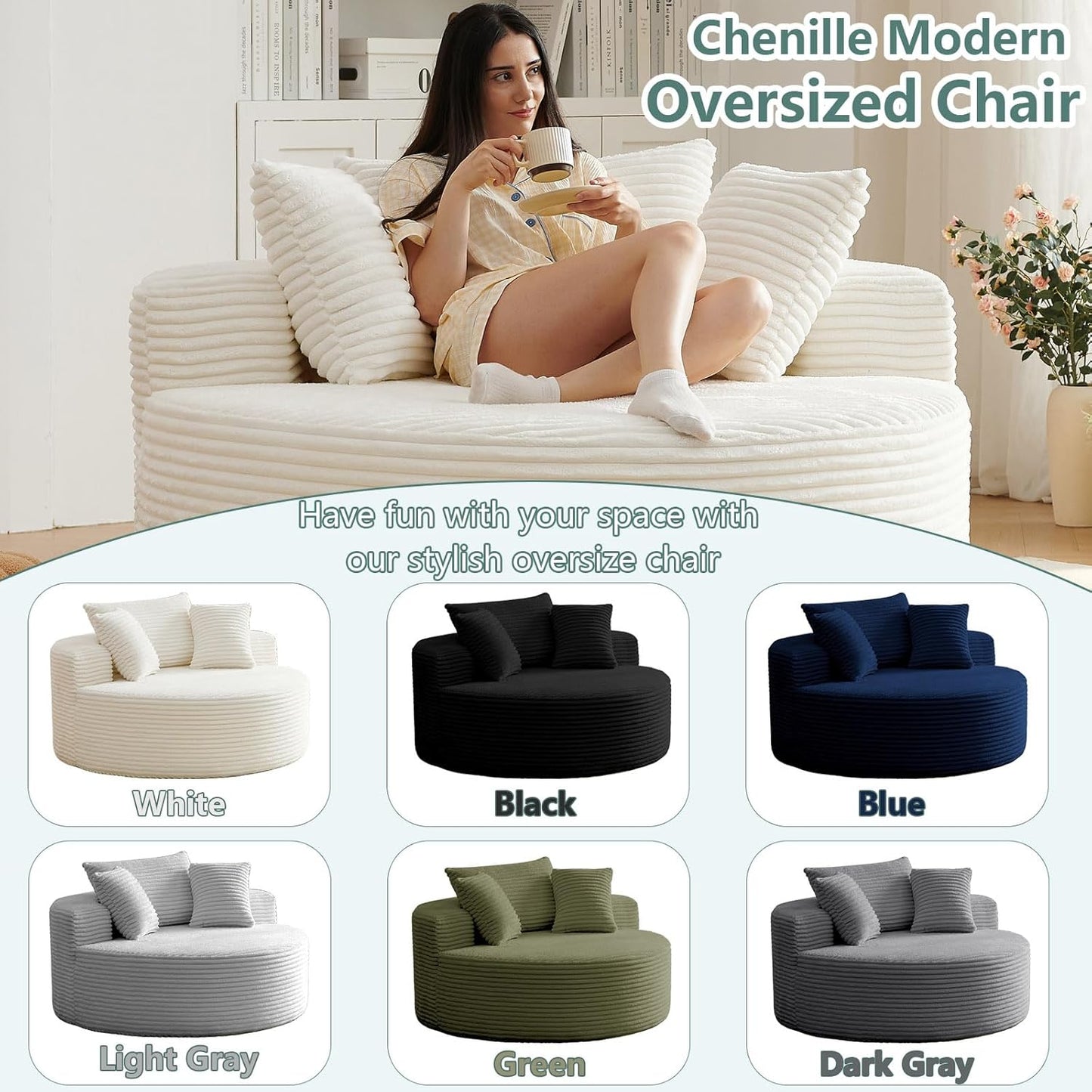 55'' Oversized round Cloud Chair,Fluffy Corduroy Lounge Chaise Indoor and Sleeper Sofa Bed with Deep Seat,Upholstered for Comfort in Reading,Living Room & Bedroom,No Assembly Required,White
