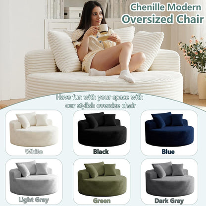 55'' Oversized round Cloud Chair,Fluffy Corduroy Lounge Chaise Indoor and Sleeper Sofa Bed with Deep Seat,Upholstered for Comfort in Reading,Living Room & Bedroom,No Assembly Required,White