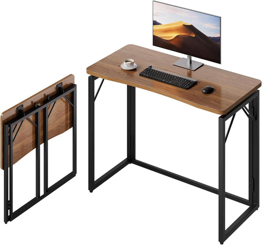 31.5" Folding Desk - Brown, No Assembly Small Foldable Desk for Home, Office, Wooden Top Folding Computer Desk for Working, Writing, Studying