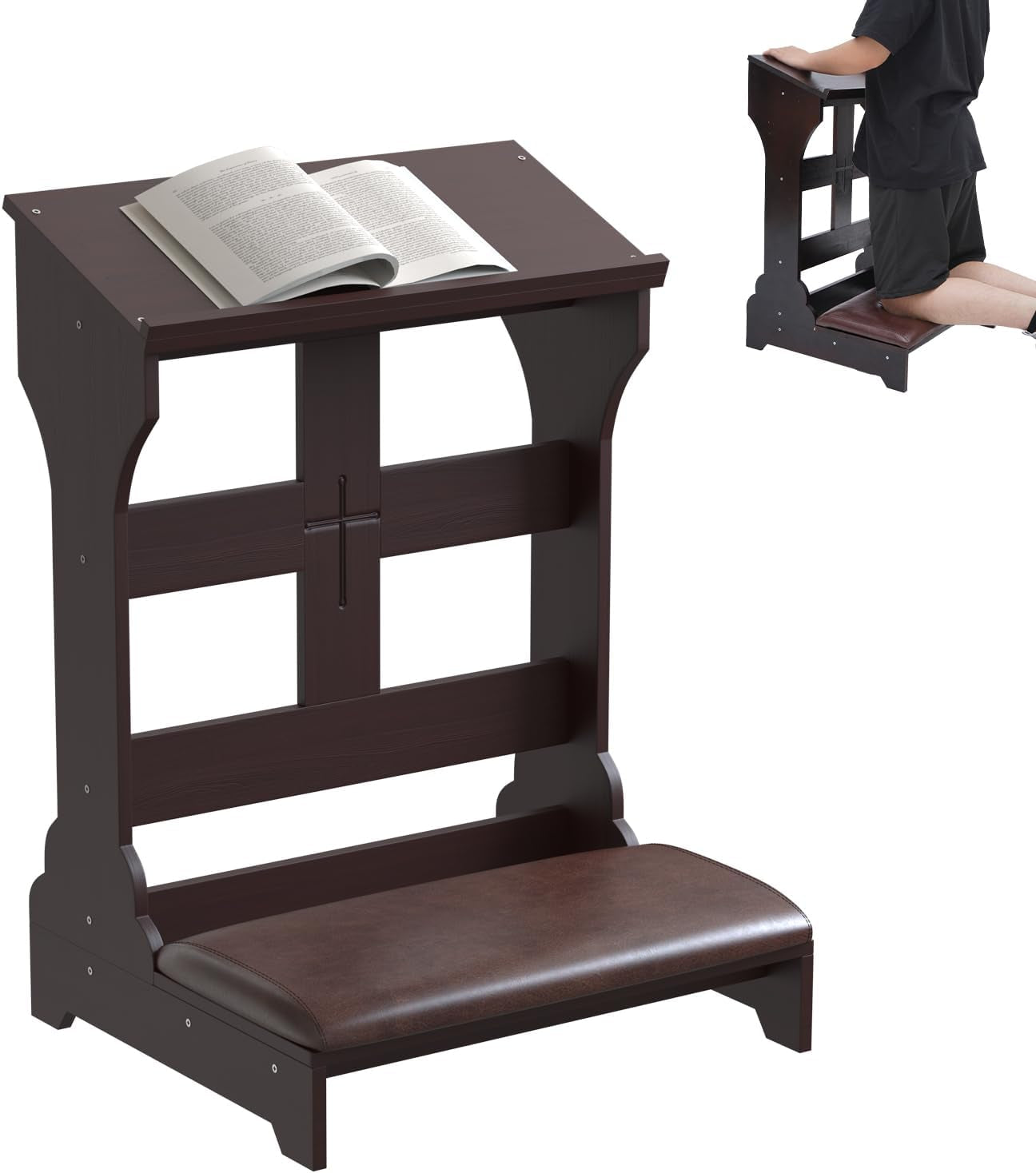 Prayer Bench Kneeler, Wooden Prayer Kneeler for Home, Prayer Bench for Kneeling at Home, Padded Kneeler Shelf for Kneeling at Home, Church Prayer Bench Stool Table with Cushion