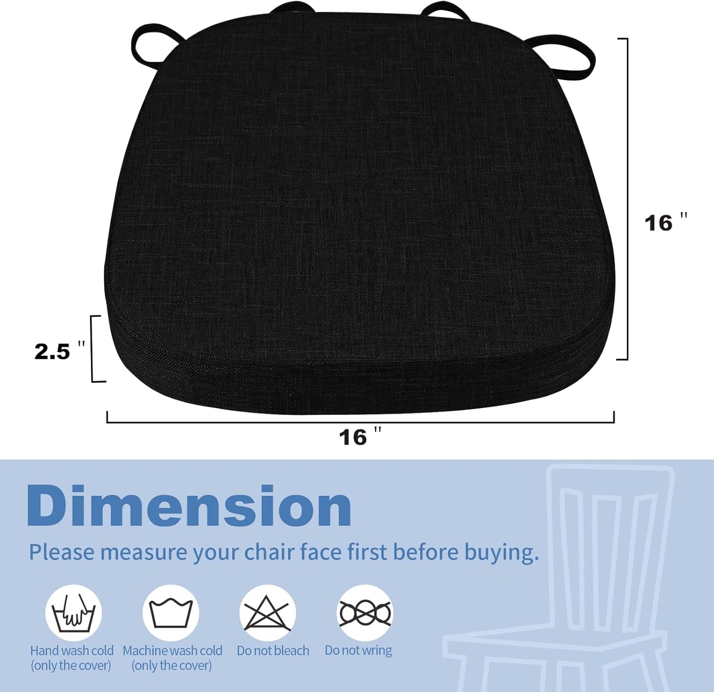 Thickened 2.5" Original Linen Dining Chair Cushion, U-Shape High Density Foam Comfortable Chair Pad for Kitchen, Slip Resistant Indoor Seat Cushion (1 Piece, Black)