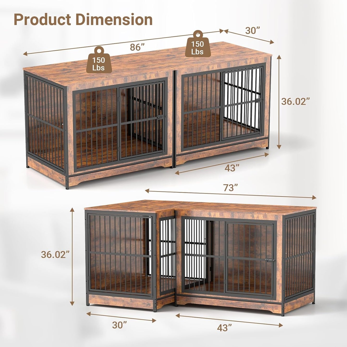 Double Dog Crate Furniture, 86 Inch, 2 Dog Crate with Removable Divider & Trays, Furniture Style Dog Cage for 2 Dogs Indoor with Three Doors, Rustic Brown