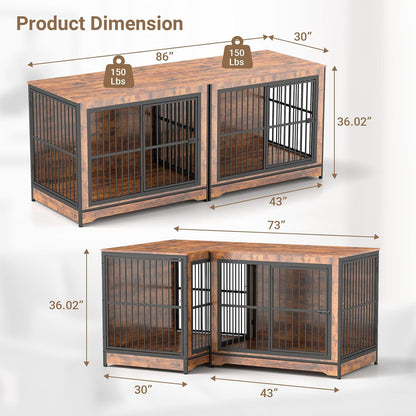 Double Dog Crate Furniture, 86 Inch, 2 Dog Crate with Removable Divider & Trays, Furniture Style Dog Cage for 2 Dogs Indoor with Three Doors, Rustic Brown