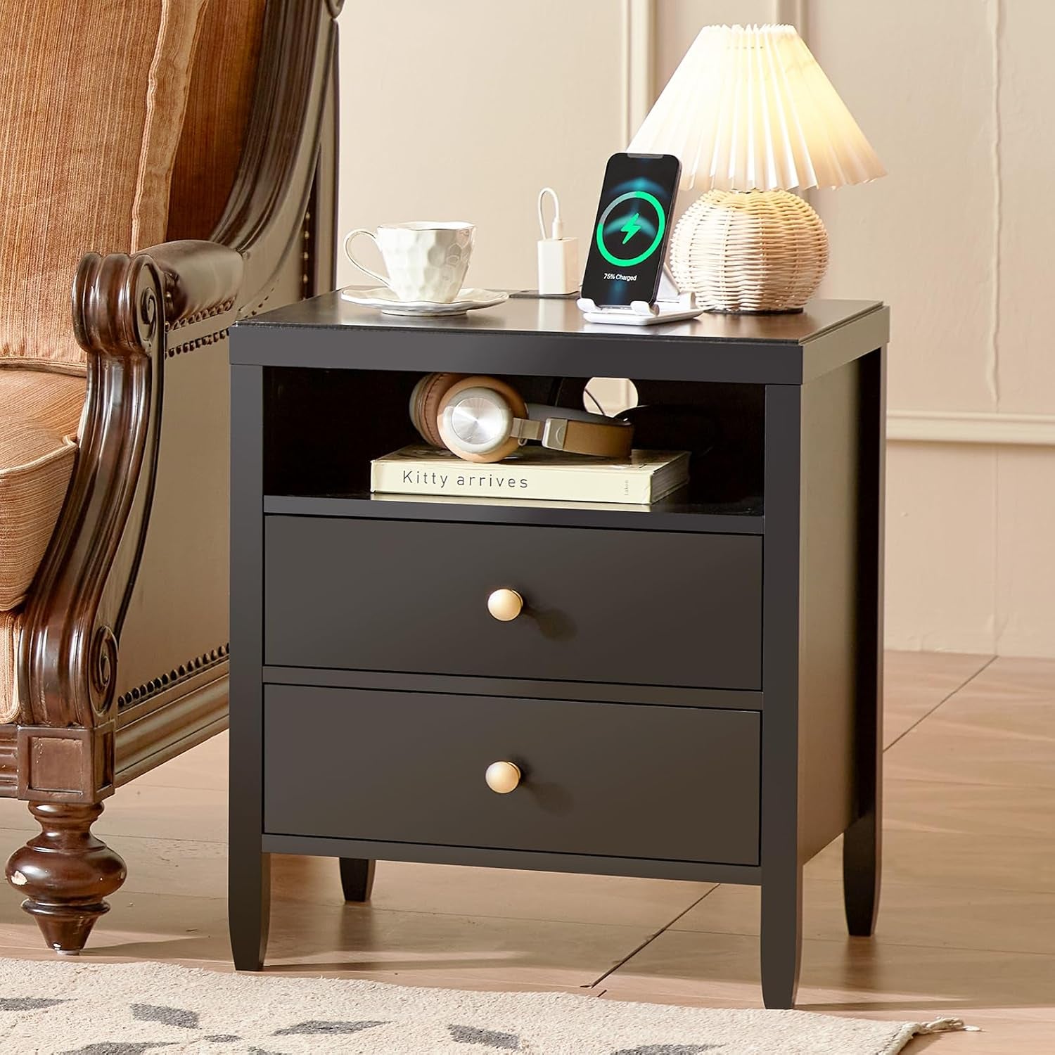 Black Nightstand Set of 2, Night Stand with Charger Station, Bedside Table with 2 Drawers, Bed Side Tables for Bedroom, Modern Nightstands, Metal Knobs, Painted Surface