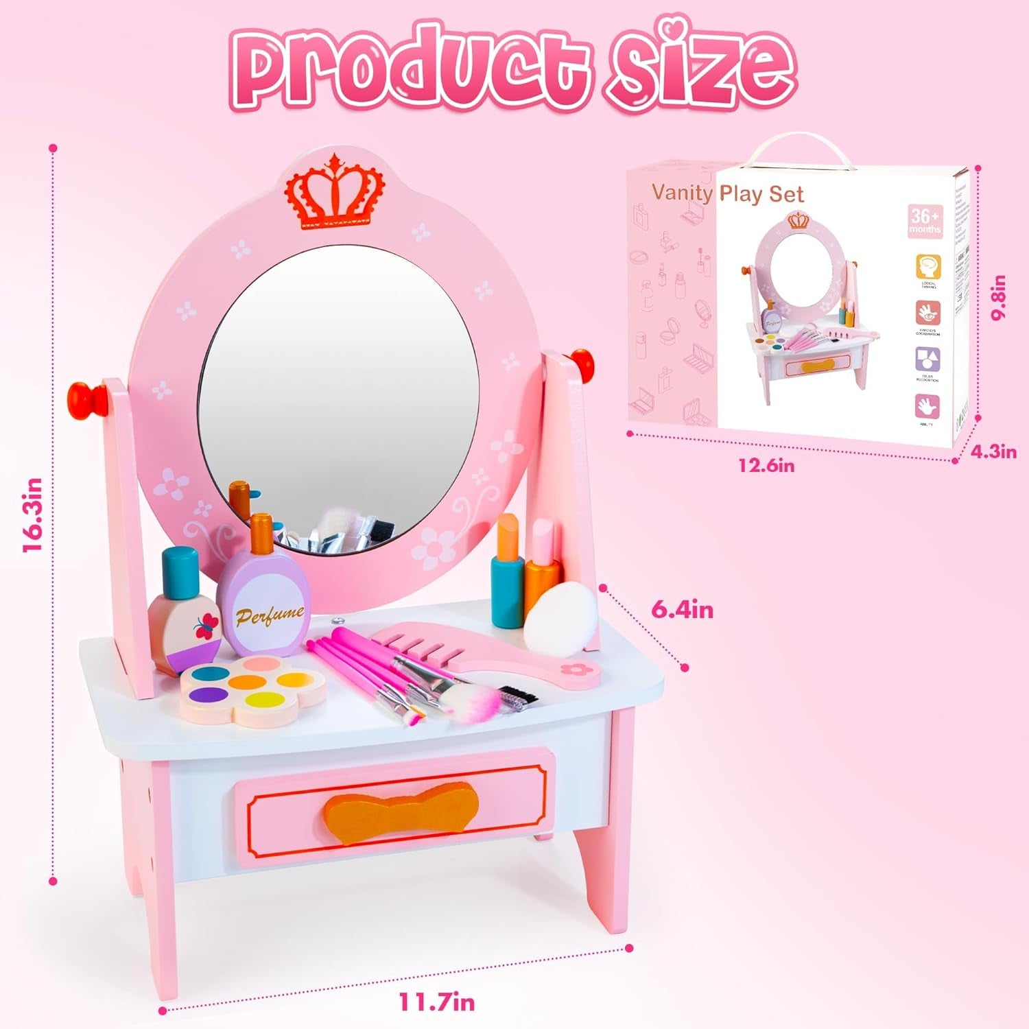 Wooden Vanity Set for Kids, Pretend Play Toddler Makeup Vanity with Acrylic Mirror, Beauty Salon Play Set for Little Girls Age 3+, Toys Gifts Includes Makeup Accessories and Bonus Stickers