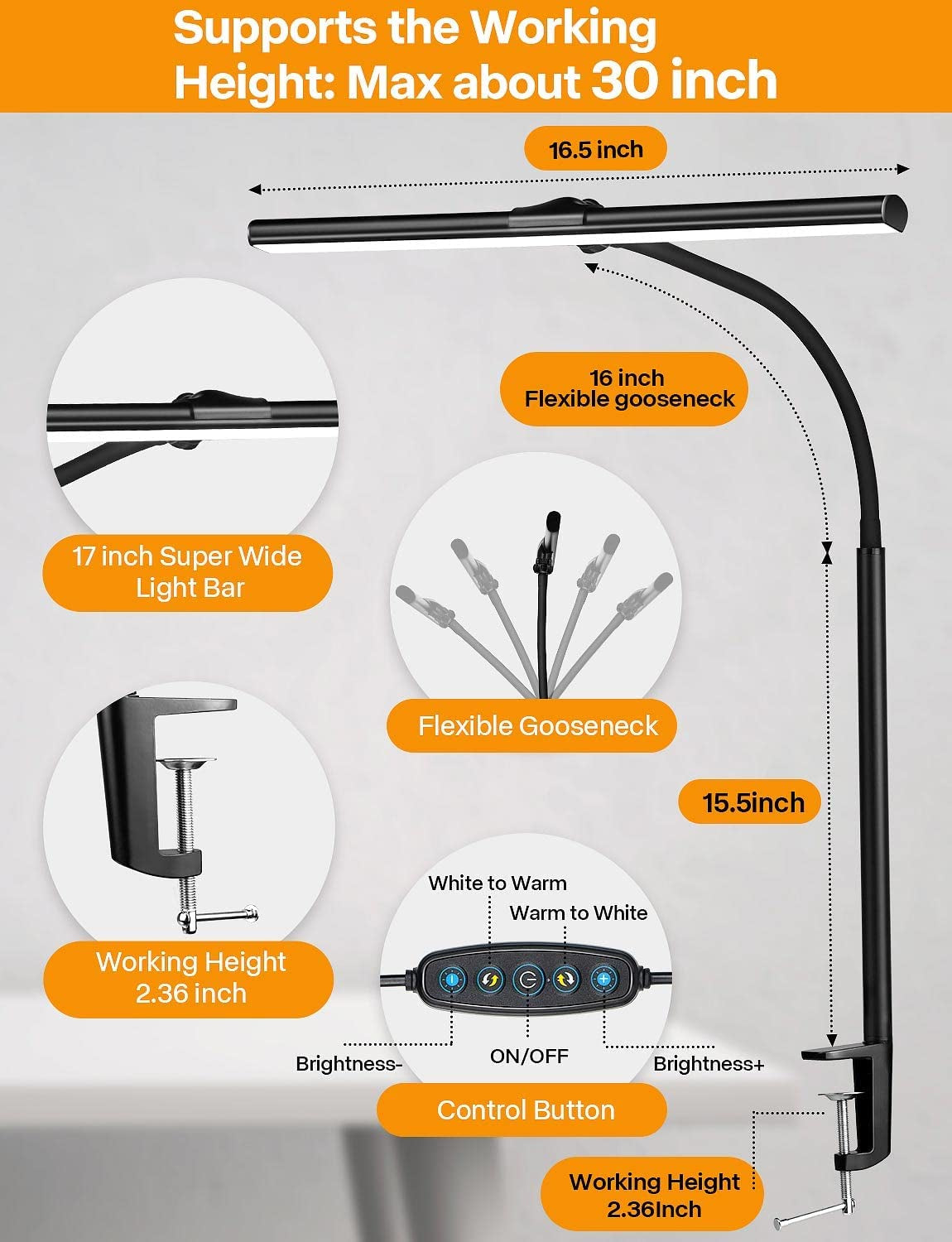 Desk Lamp for Office Home - Eye-Caring Architect Task Lamp 25 Lighting Modes Adjustable LED Desk Lamp Flexible Gooseneck Clamp Light for Workbench Drafting Reading Study