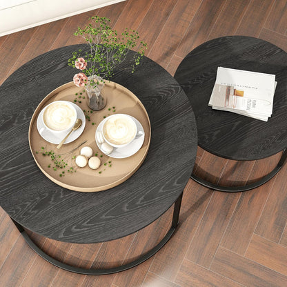 round Coffee Table,Nesting Coffee Table Set of 2,Center Tables for Living Room,Office, Home Small Space,Stacking Side Tables,Sturdy and Easy Assembly,Wood Desktop,Black,Large