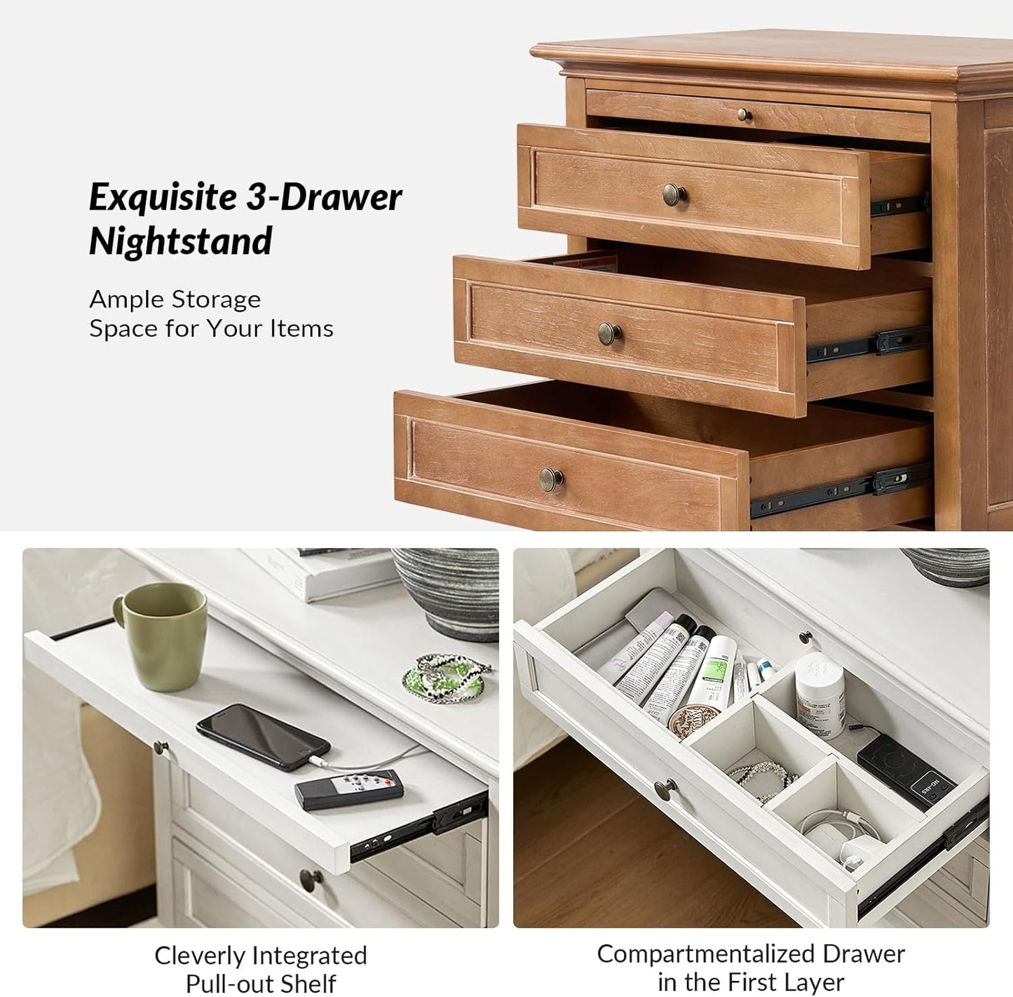 Farmhouse 3 Drawer Nightstand with Tray, Drawer Organizer with Solid Wood Legs, Nightstand with Charging Station,Acorn