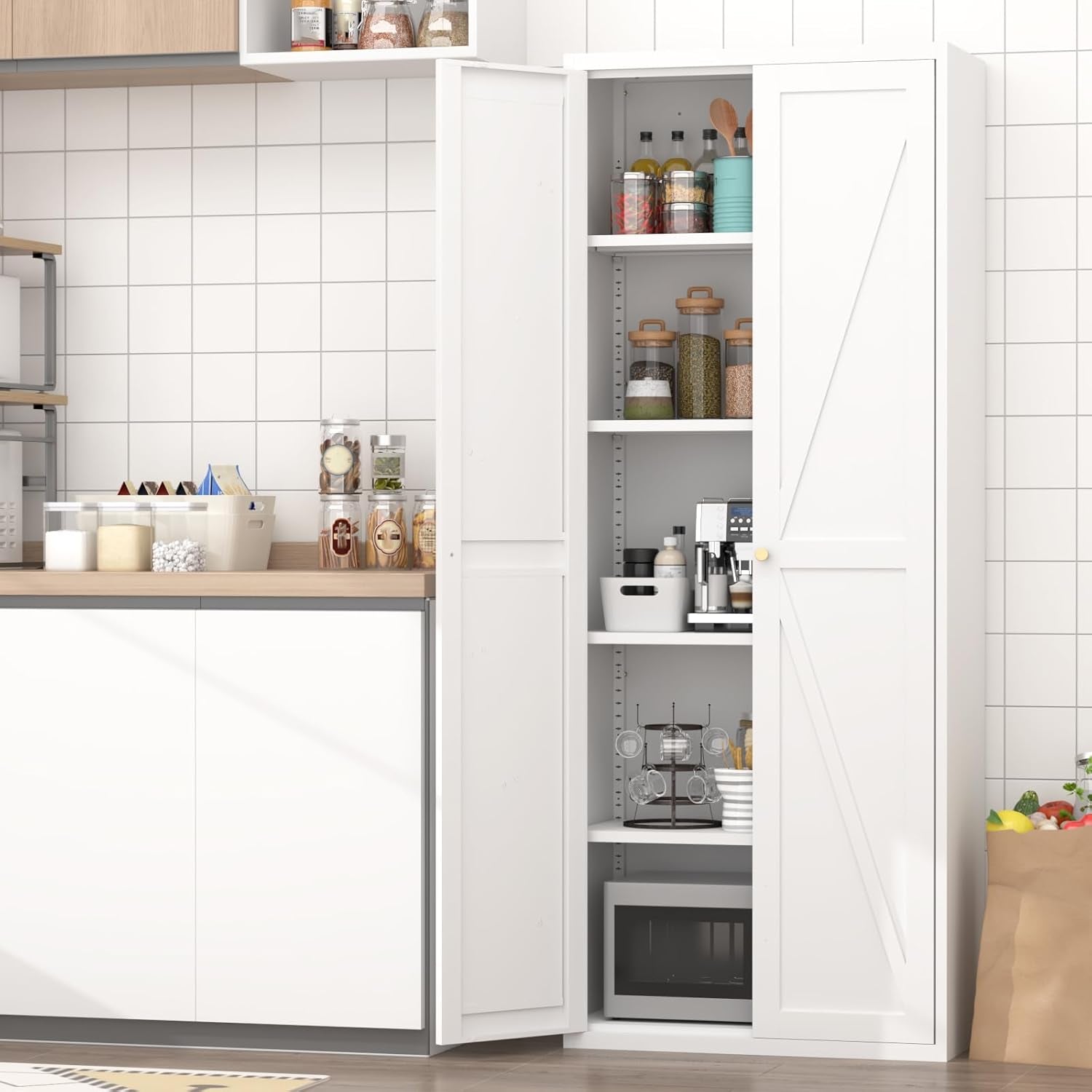 71" H Kitchen Pantry Storage Cabinet, Metal Food Pantry Cabinets with Doors and Adjustable Shelves, White Kitchen Storage Cabinet, Cupboard for Dining Room, Living Room and Bathroom