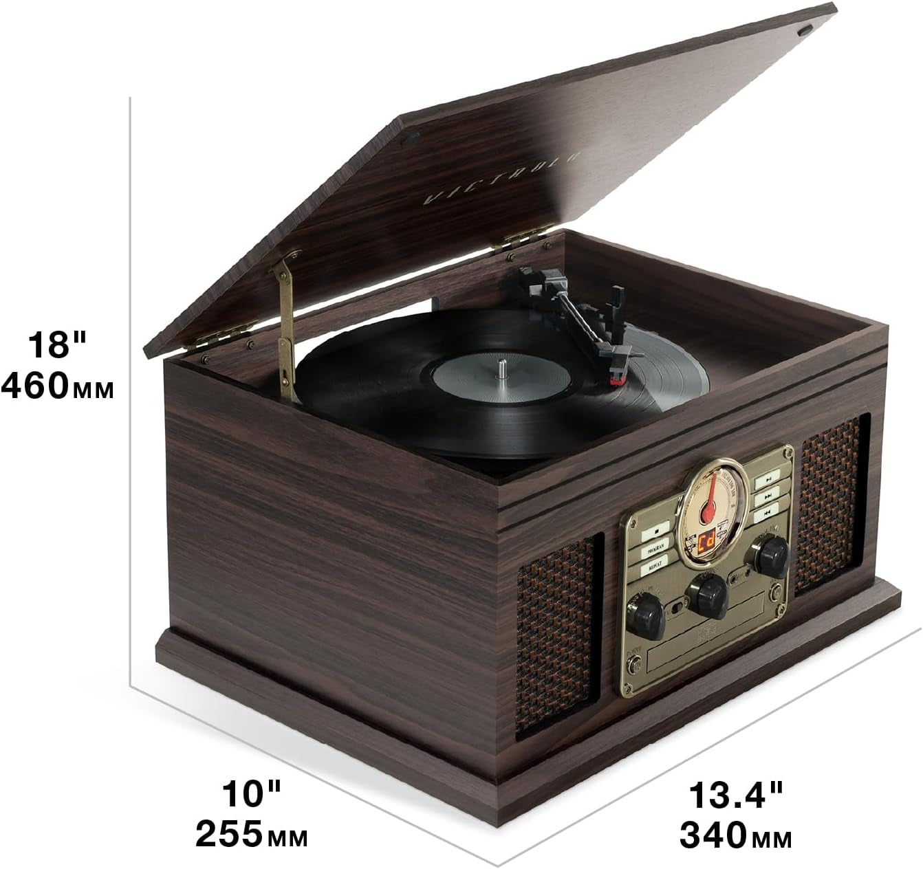 the Quincy 6-In-1 Bluetooth Record Player & Multimedia Center with Built-In Speakers – 3-Speed Turntable, CD & Cassette Player, AM/FM Radio, Wireless Music Streaming (Mahogony)