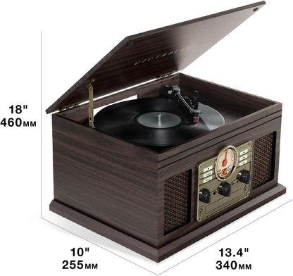 the Quincy 6-In-1 Bluetooth Record Player & Multimedia Center with Built-In Speakers – 3-Speed Turntable, CD & Cassette Player, AM/FM Radio, Wireless Music Streaming (Mahogony)