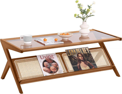 Rattan Coffee Table, Bamboo Accent Bedside Tables, Glass Nightstand Side Table, Boho Wooden End Table with Storage for Living Room,Living Room, Dining Room, Tea, Home Décor