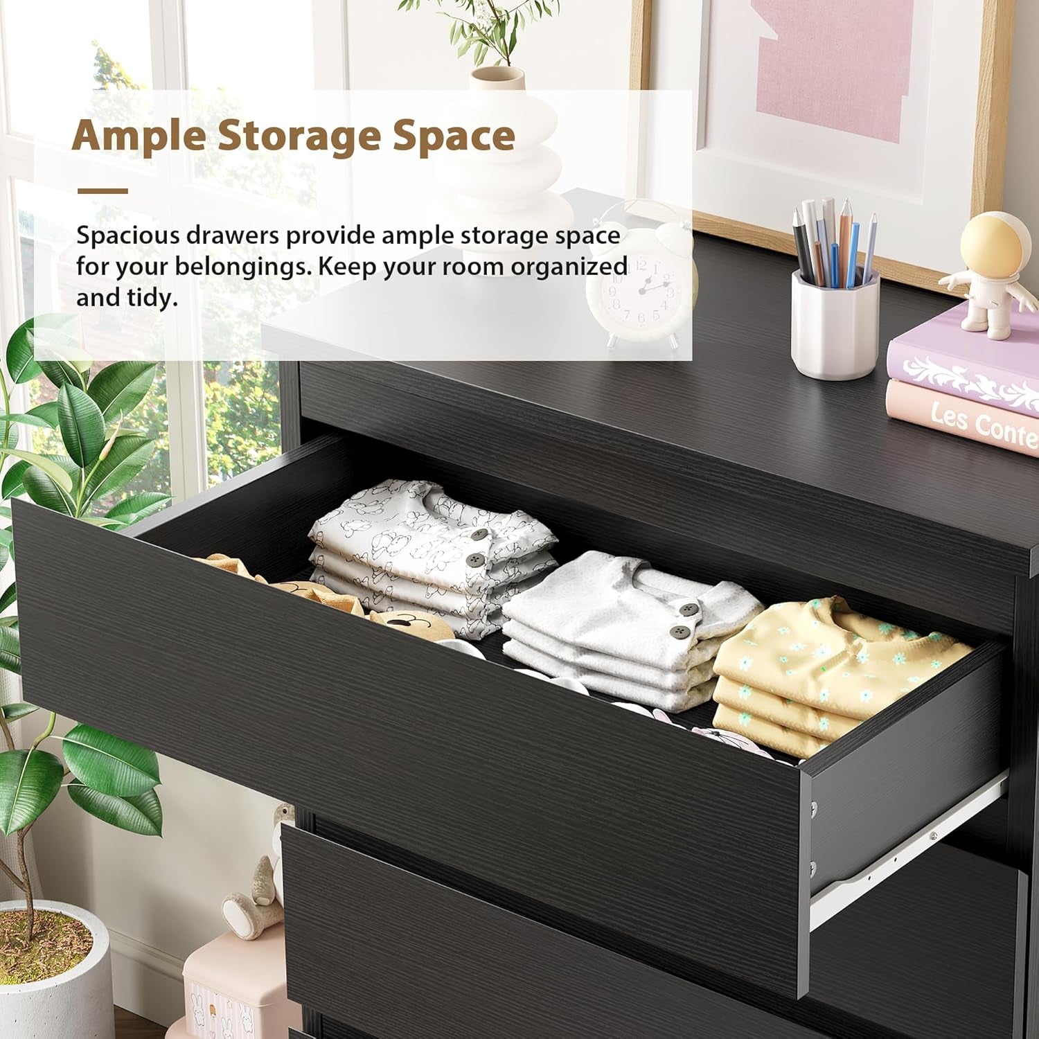 Black 5 Drawer Dresser for Bedroom, 15" D X 23.7" W X 40.4" H in Simply Chest of Drawers, Wood Storage Dresser with Drawers for Living Room Hallway Entryway, Black