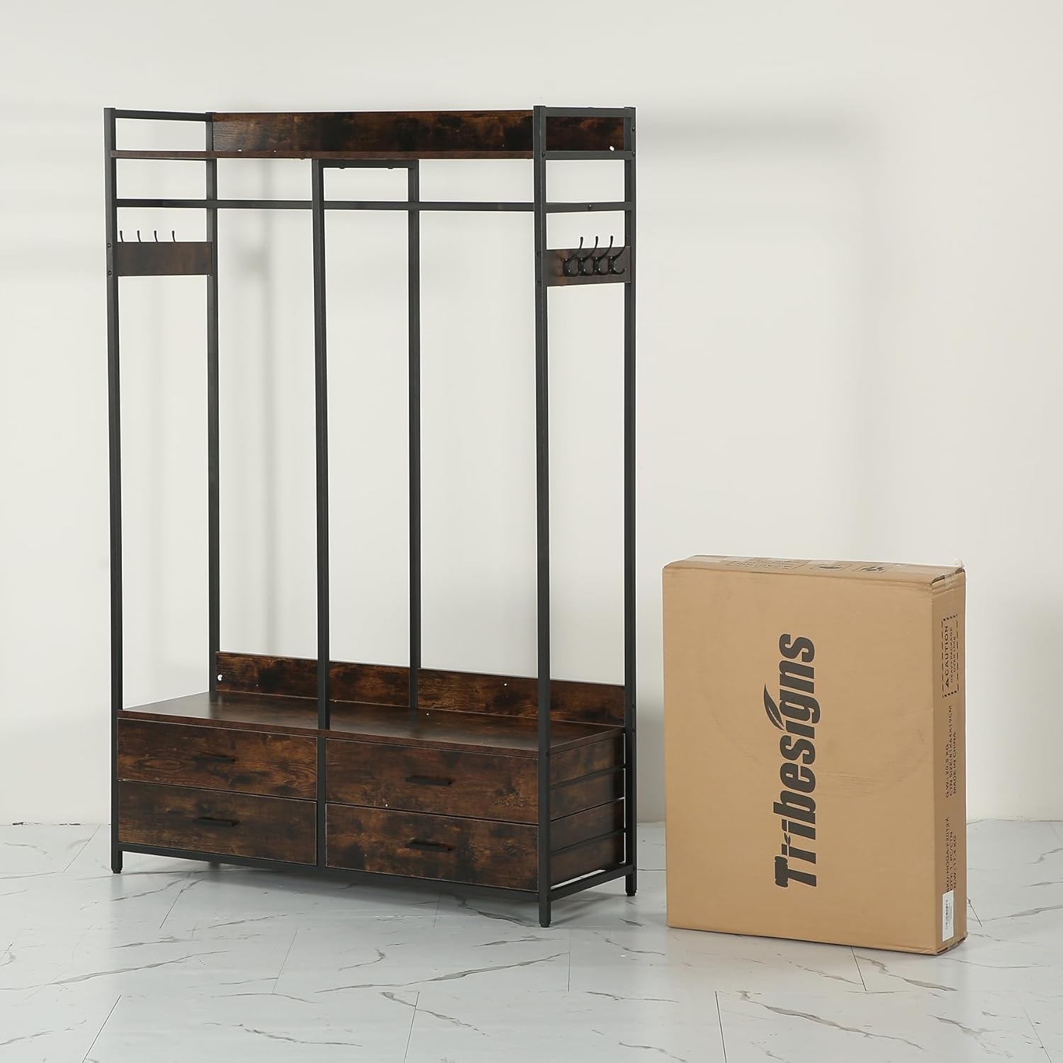 Freestanding Closet Organizer for Hanging Clothes, Heavy Duty Garment Rack with 4 Drawers, 8 Hooks and Storage Shelves, Wardrobe Closet Clothing Rack for Bedroom, Living Room, Rustic Brown