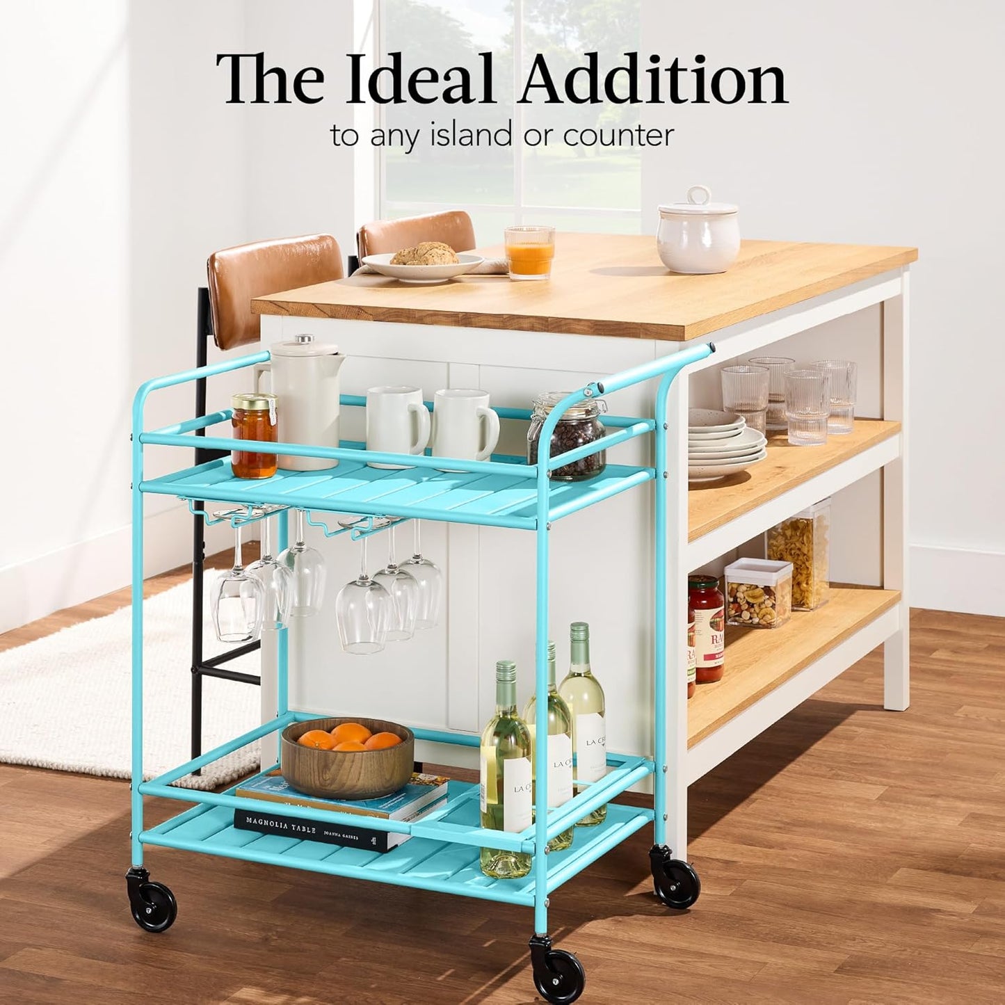 Rolling Bar Cart, Mobile Home Bar Serving Cart, Serving Station W/ 2 Tier Shelves, Wine Rack, Lockable Wheels - Teal