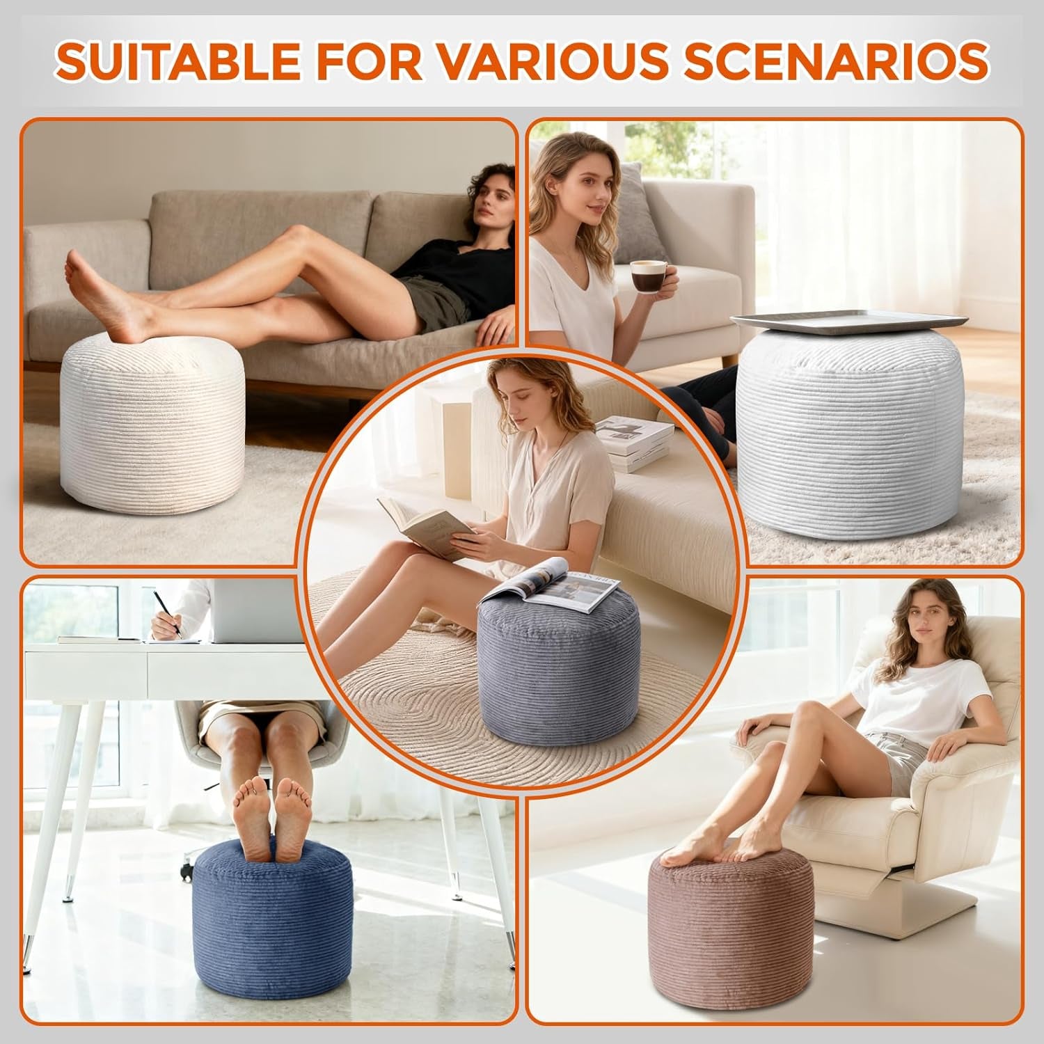 Pouf Ottoman Foot Rest, Comfortable & Soft, round Footstool for Living Room, Bedroom, Office, Room Decoration, Corduroy Foot Stool Pouf with Odorless & Anti-Clump Filling, Small Beige