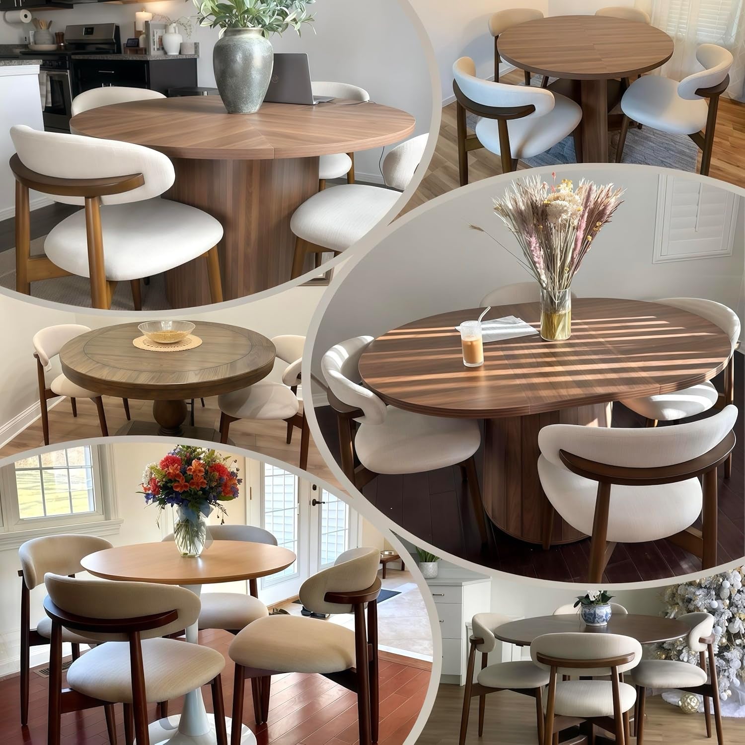 Wooden Dining Chairs Set of 4, Modern Fabric Upholstered Kitchen Side Chairs, Farmhouse Dining Room Chair with Foot Pegs, Beige