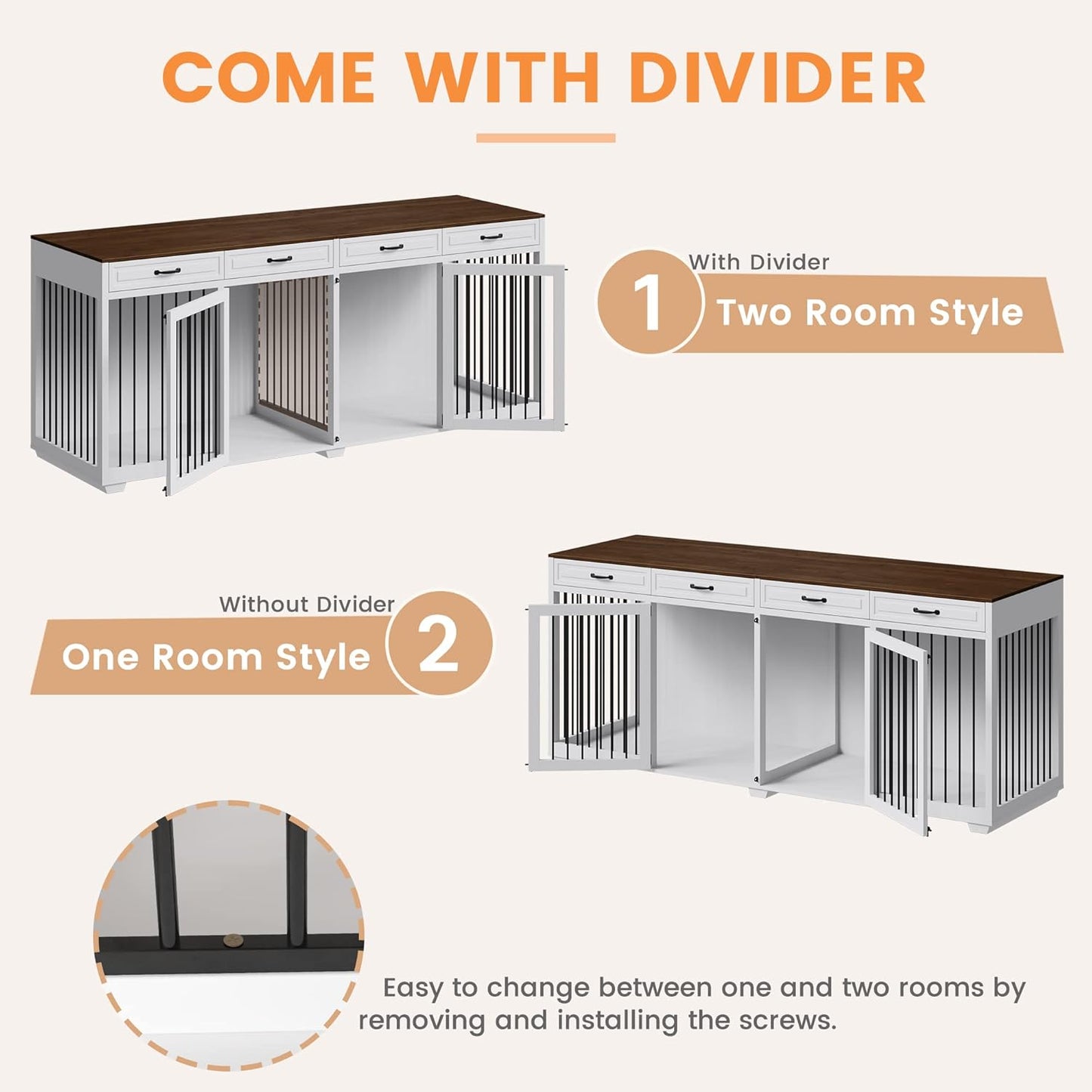 Dog Crate Furniture, 72.4 Inch Wooden Indoor Dog Kennel Cage House, Modern Decorative End Table with Double Rooms, 2 Drawers, a Divider, for Large Medium Breeds, White