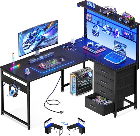 L Shaped Gaming Desk with Shelf & 4 Drawers, 43" Reversible Computer Desk with LED Light, Home Office Table with Hutch and Hook, Black