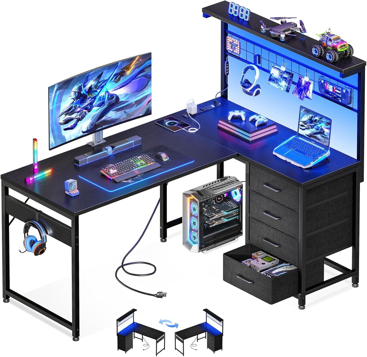 L Shaped Gaming Desk with Shelf & 4 Drawers, 43" Reversible Computer Desk with LED Light, Home Office Table with Hutch and Hook, Black
